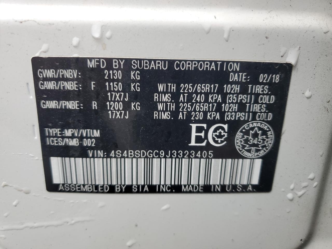 2018 Subaru Outback 2.5I Premium VIN: 4S4BSDGC9J3323405 Lot: 66624565