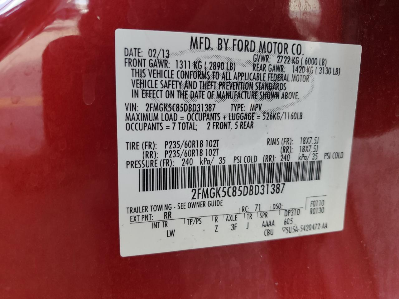 2013 Ford Flex Sel VIN: 2FMGK5C85DBD31387 Lot: 70180845