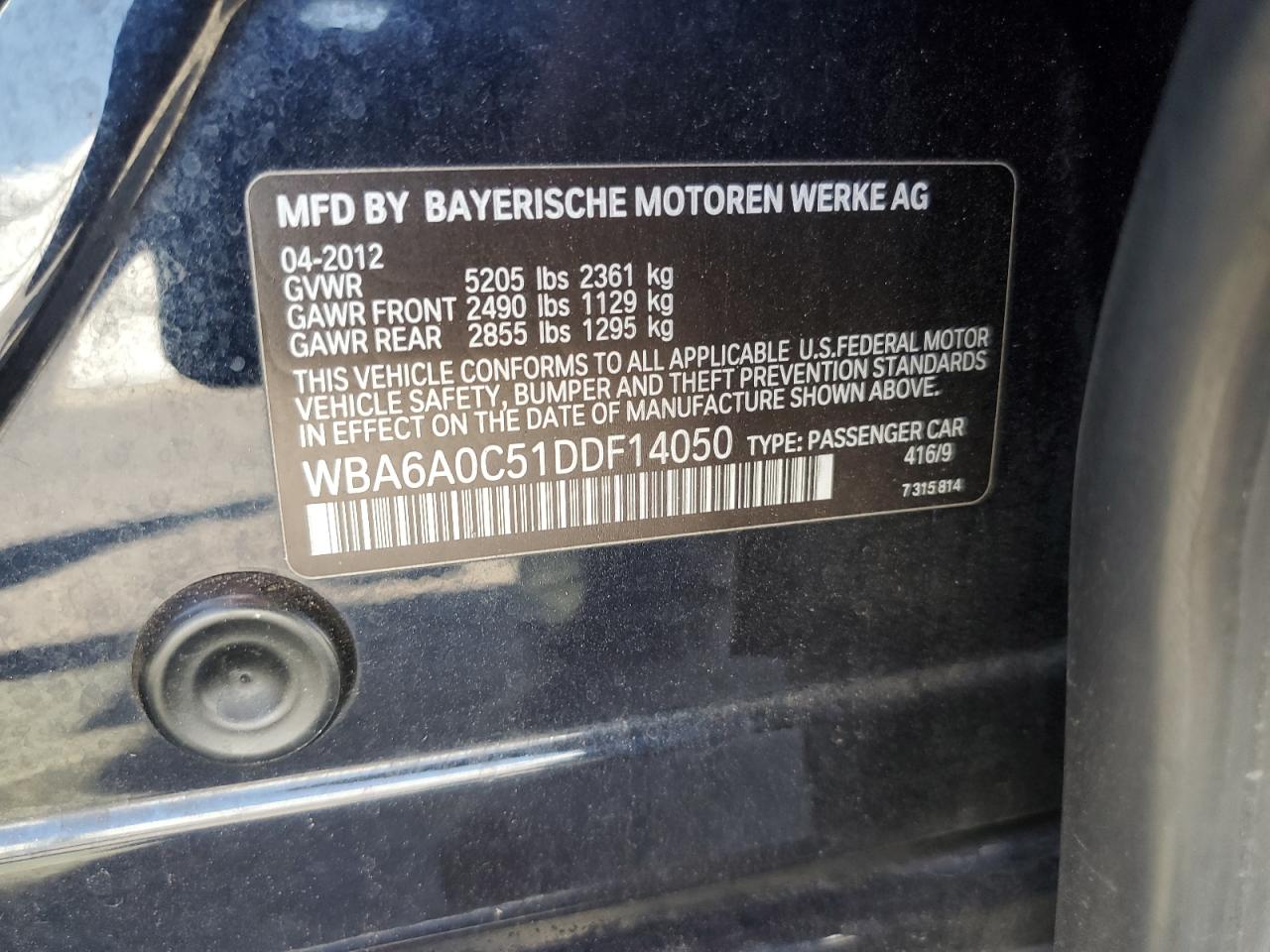 2013 BMW 640 I VIN: WBA6A0C51DDF14050 Lot: 68955355