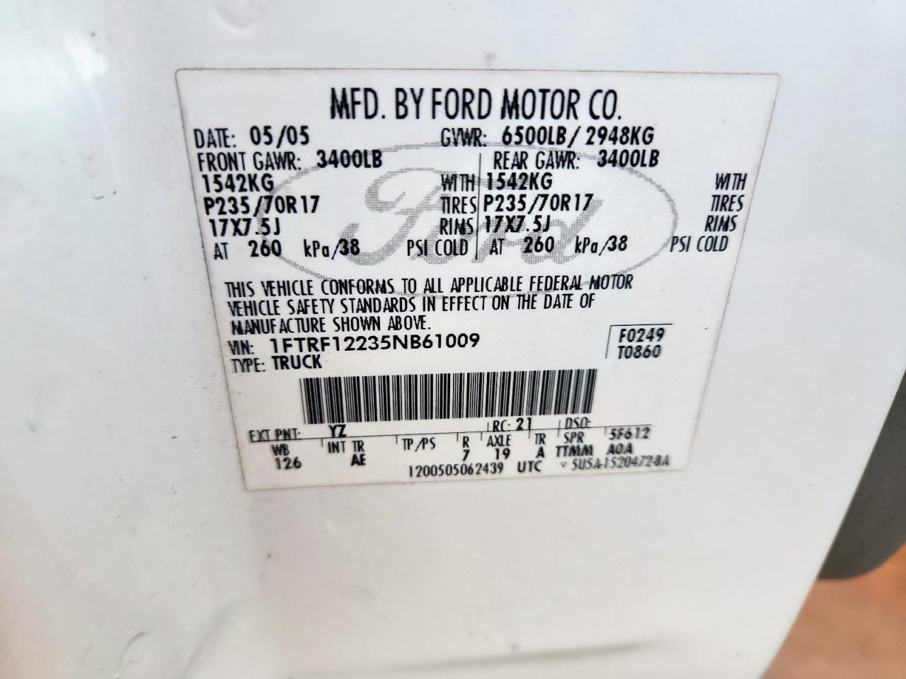 2005 Ford F150 VIN: 1FTRF12235NB61009 Lot: 70621665