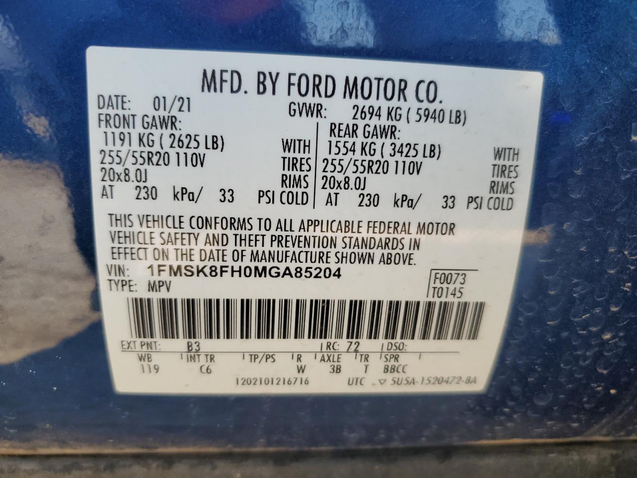 2021 Ford Explorer Limited VIN: 1FMSK8FH0MGA85204 Lot: 67376185