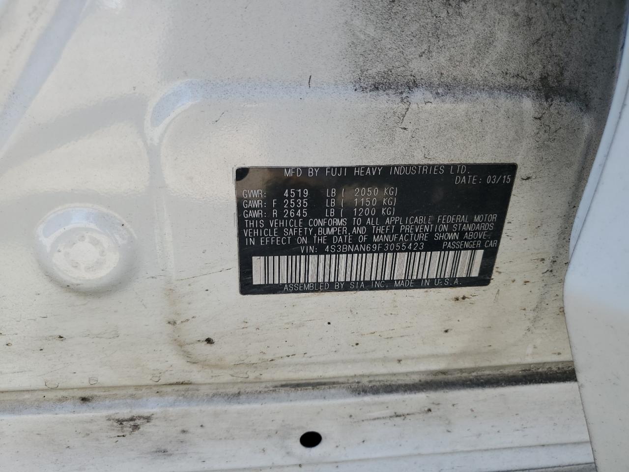 2015 Subaru Legacy 2.5I Limited VIN: 4S3BNAN69F3055423 Lot: 67337625