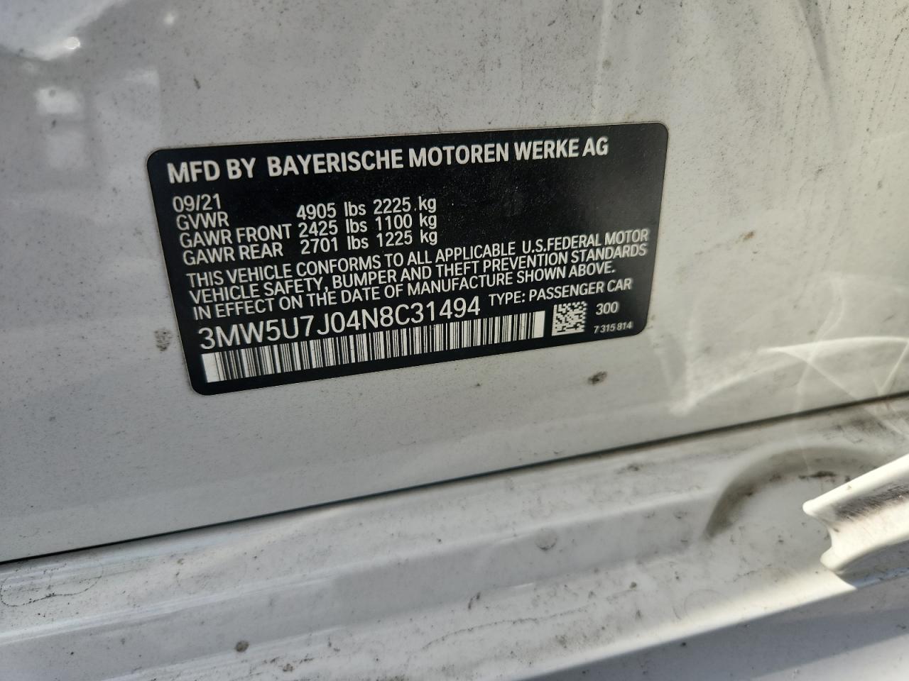 2022 BMW M340I VIN: 3MW5U7J04N8C31494 Lot: 71037375