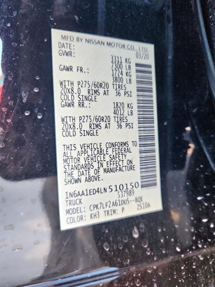 2020 Nissan Titan Sv VIN: 1N6AA1ED4LN510150 Lot: 69697635