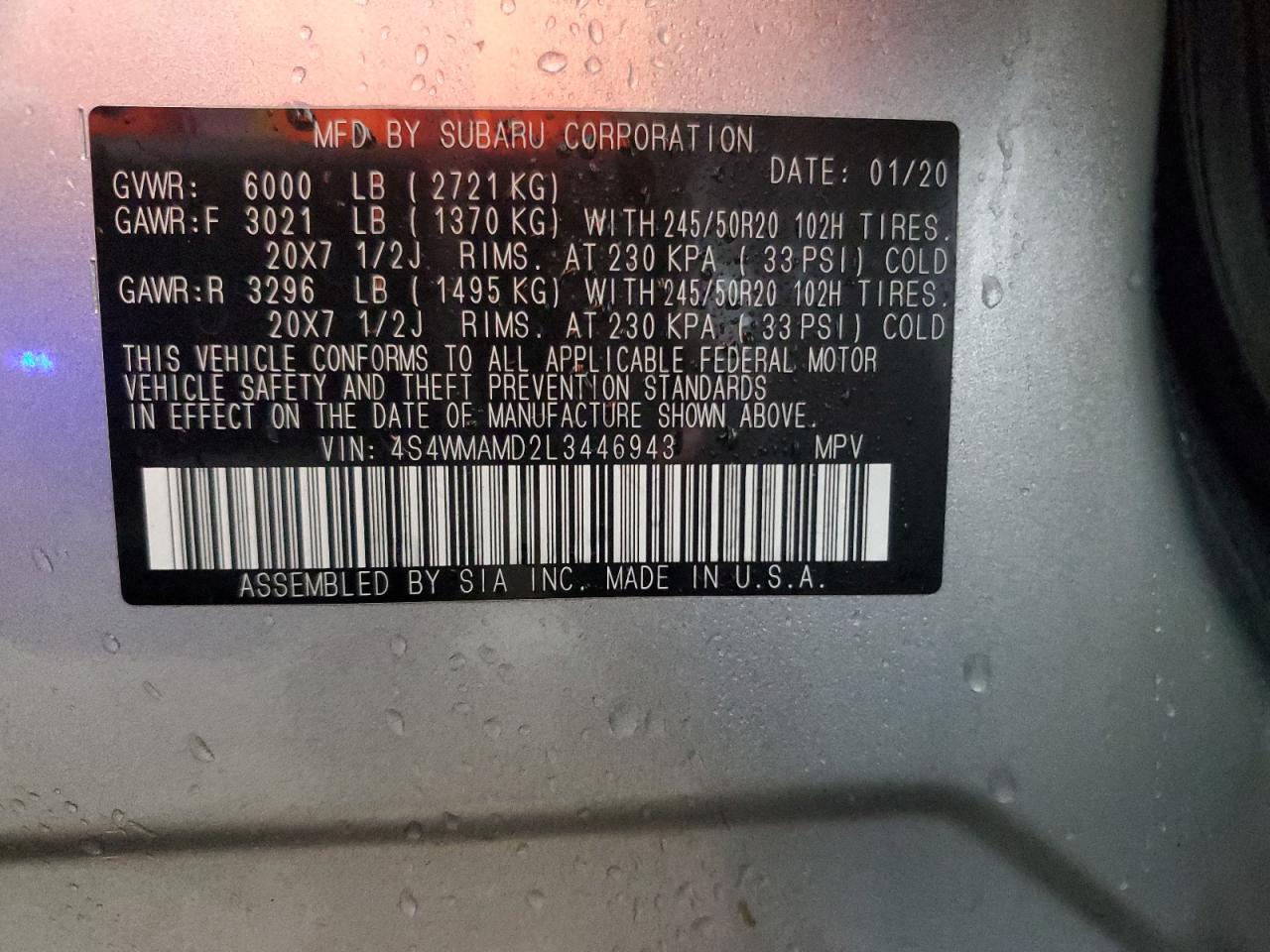 2020 Subaru Ascent Limited VIN: 4S4WMAMD2L3446943 Lot: 67938945