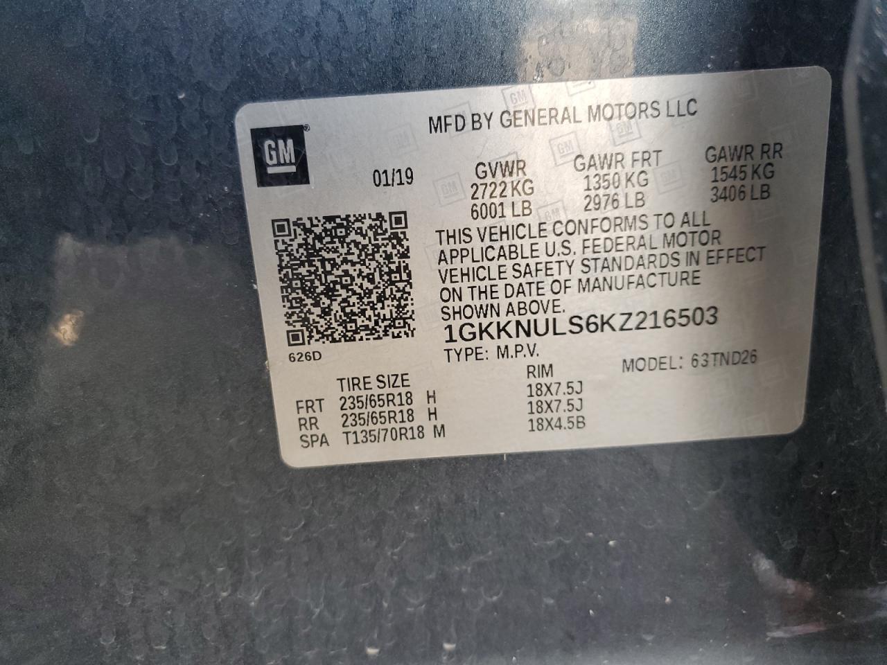 2019 GMC Acadia Slt-1 VIN: 1GKKNULS6KZ216503 Lot: 67512215