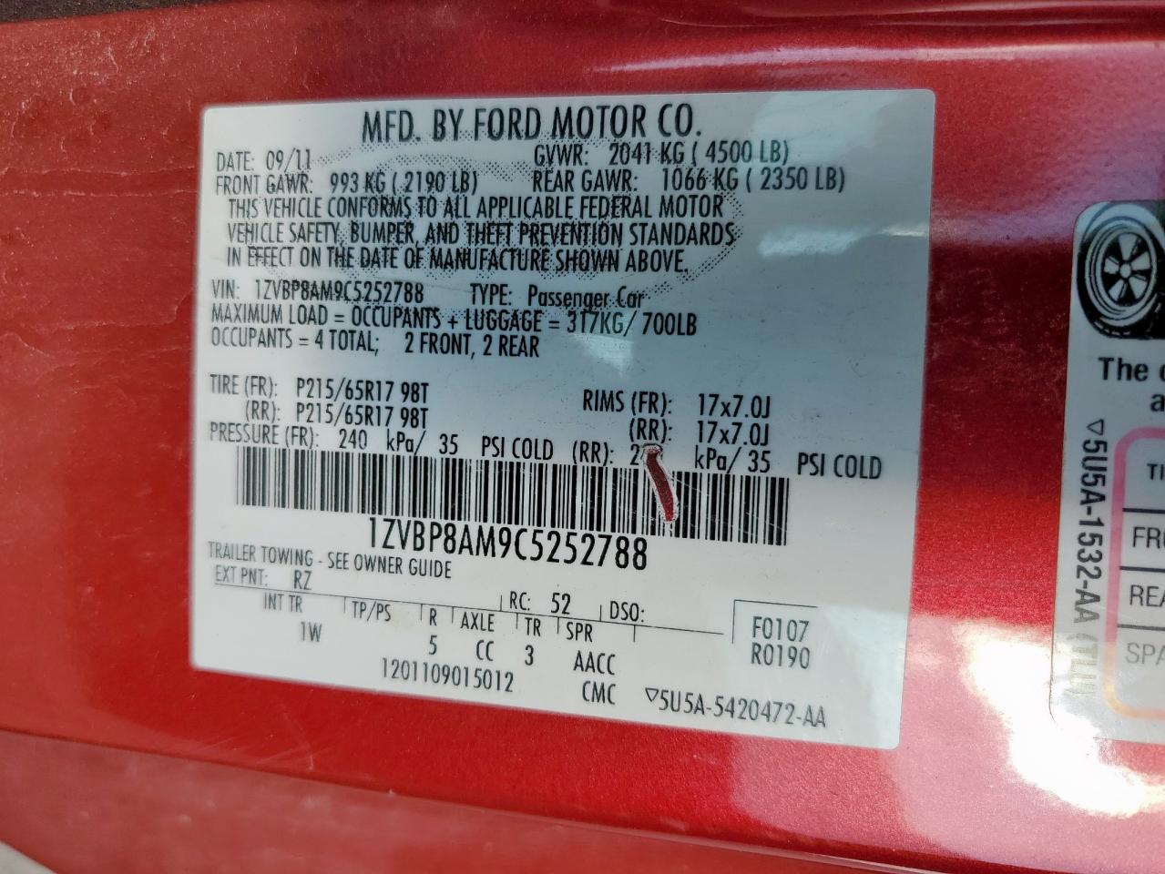 2012 Ford Mustang VIN: 1ZVBP8AM9C5252V88 Lot: 70525155