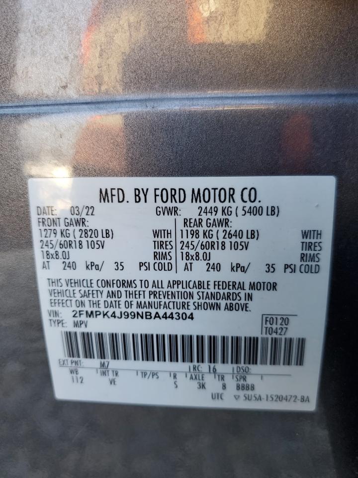 2022 Ford Edge Sel VIN: 2FMPK4J99NBA44304 Lot: 69420765