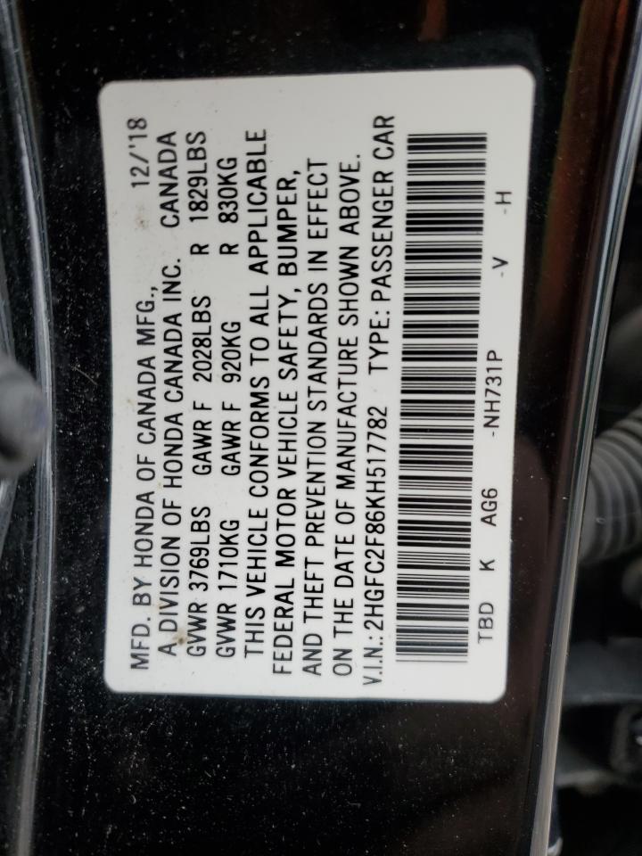 2019 Honda Civic Sport VIN: 2HGFC2F86KH517782 Lot: 69450205