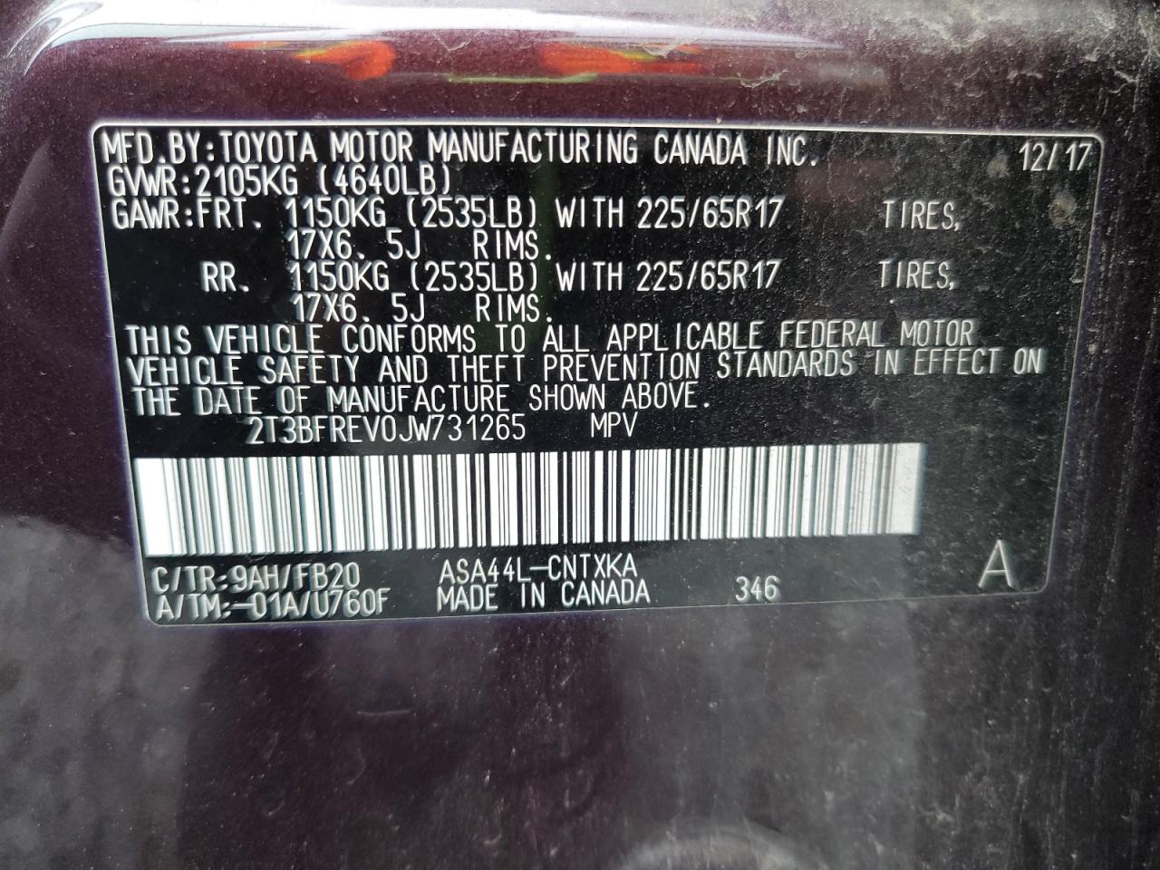 2018 Toyota Rav4 Le VIN: 2T3BFREV0JW731265 Lot: 68126955