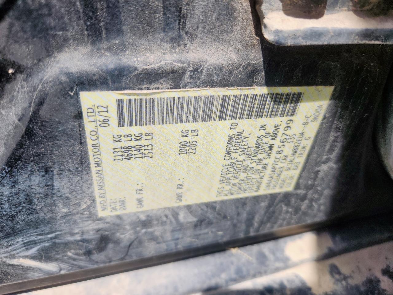 2012 Nissan Maxima S VIN: 1N4AA5AP7CC856799 Lot: 69004105