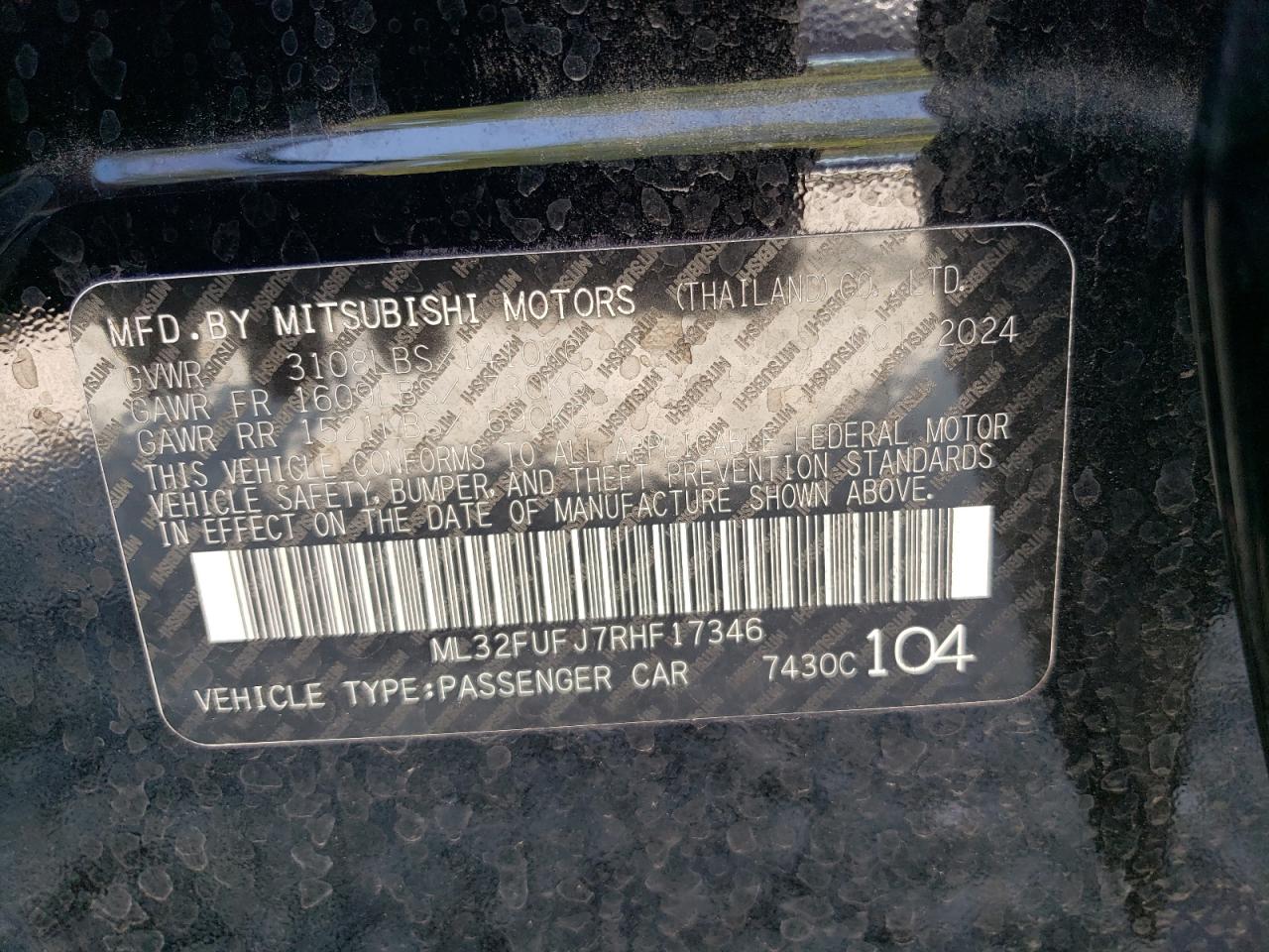 2024 Mitsubishi Mirage G4 Es VIN: ML32FUFJ7RHF17346 Lot: 69293245