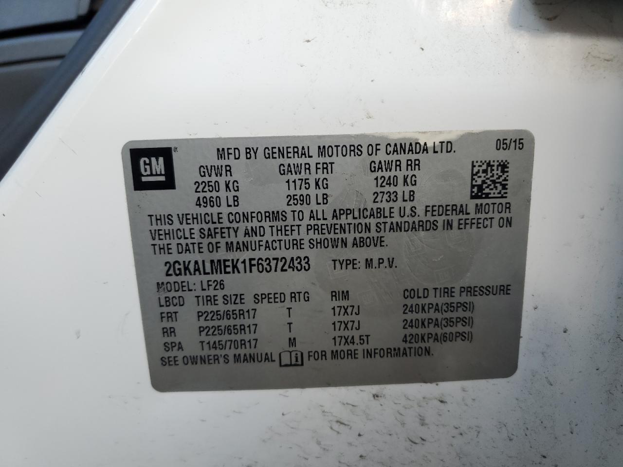 2015 GMC Terrain Sle VIN: 2GKALMEK1F6372433 Lot: 70494515