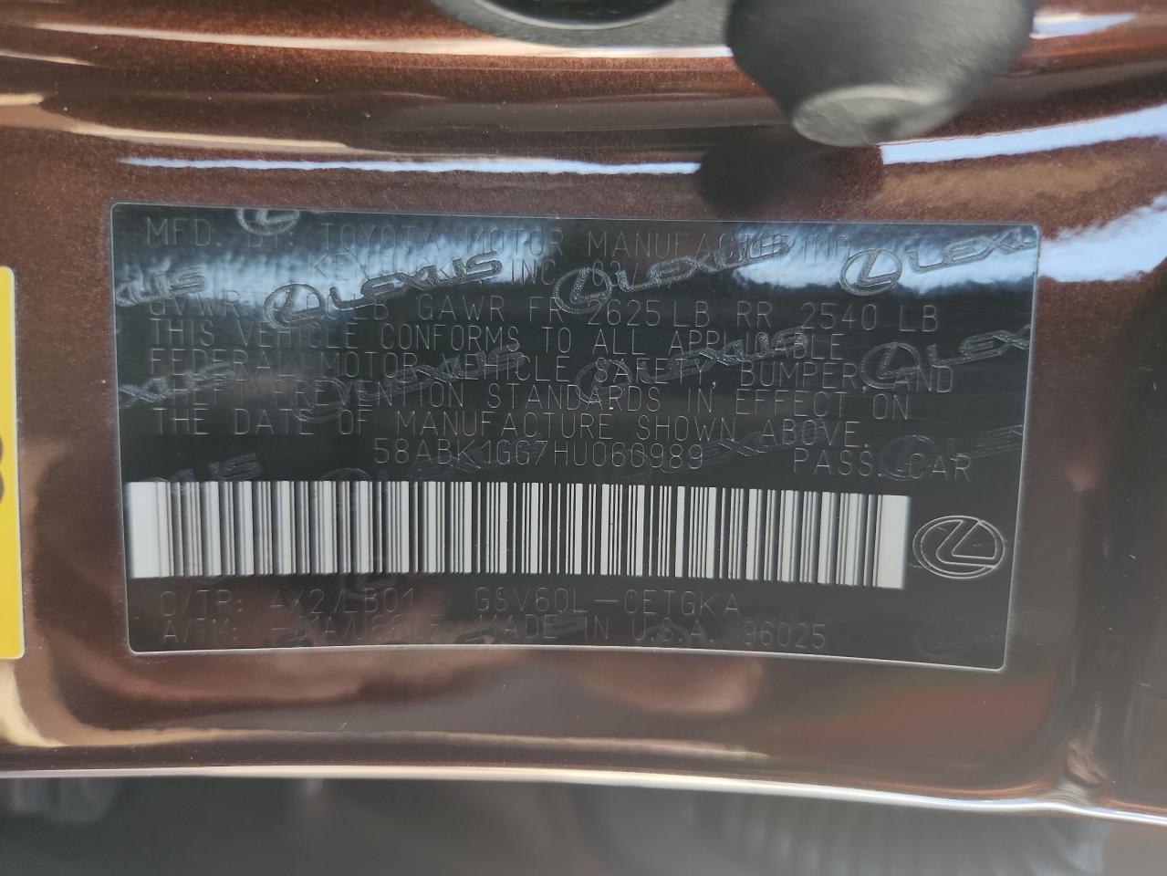 2017 Lexus Es 350 VIN: 58ABK1GG7HU060989 Lot: 69548975