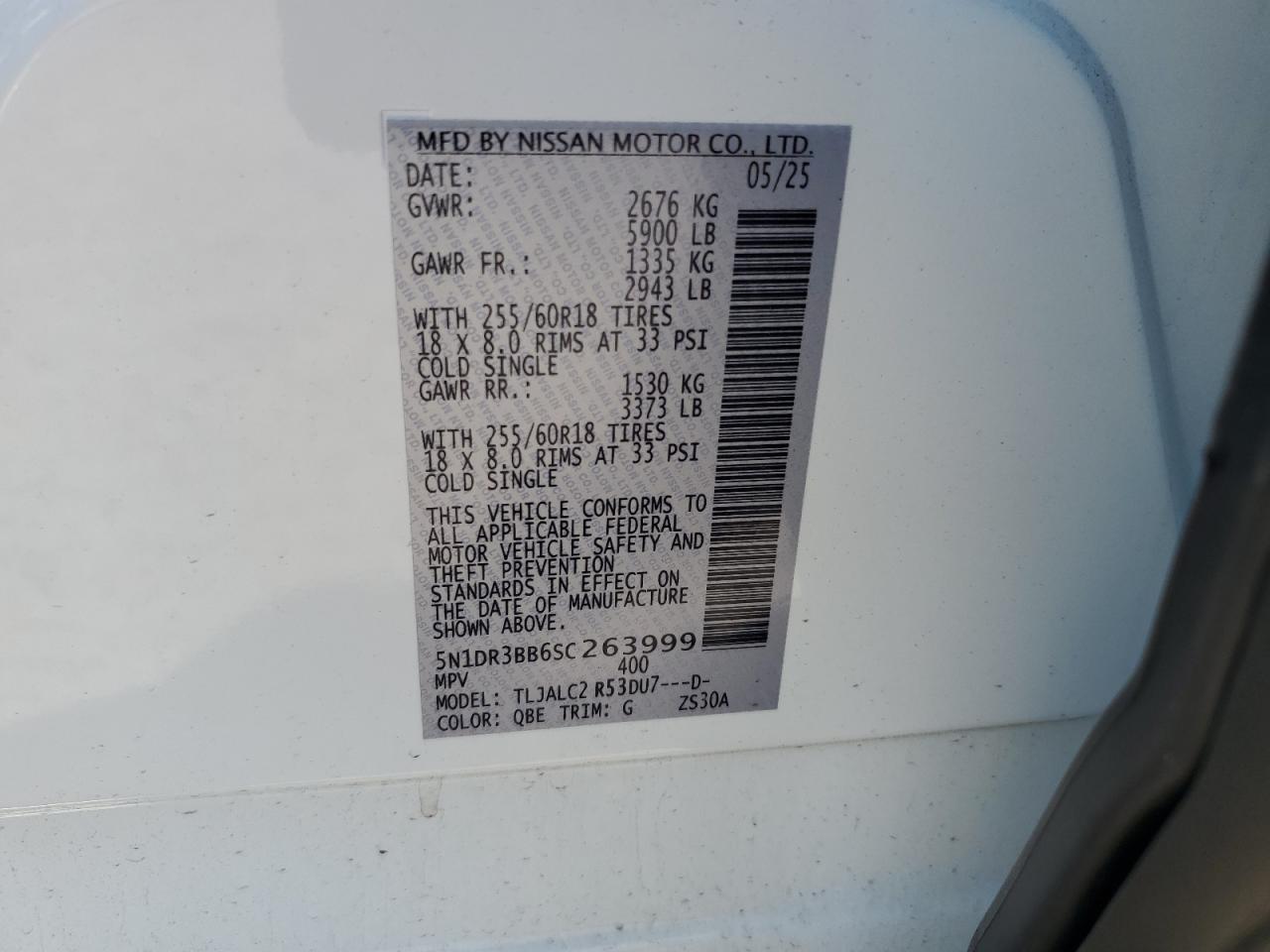 2025 Nissan Pathfinder Sv VIN: 5N1DR3BB6SC263999 Lot: 70742625