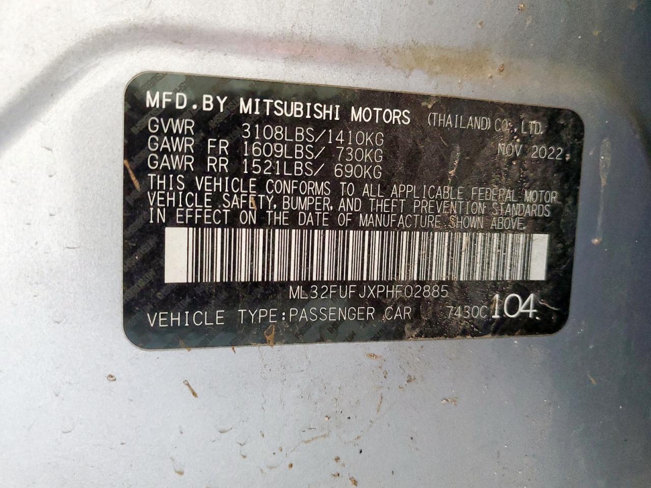 2023 Mitsubishi Mirage G4 Es VIN: ML32FUFJXPHF02885 Lot: 68852495