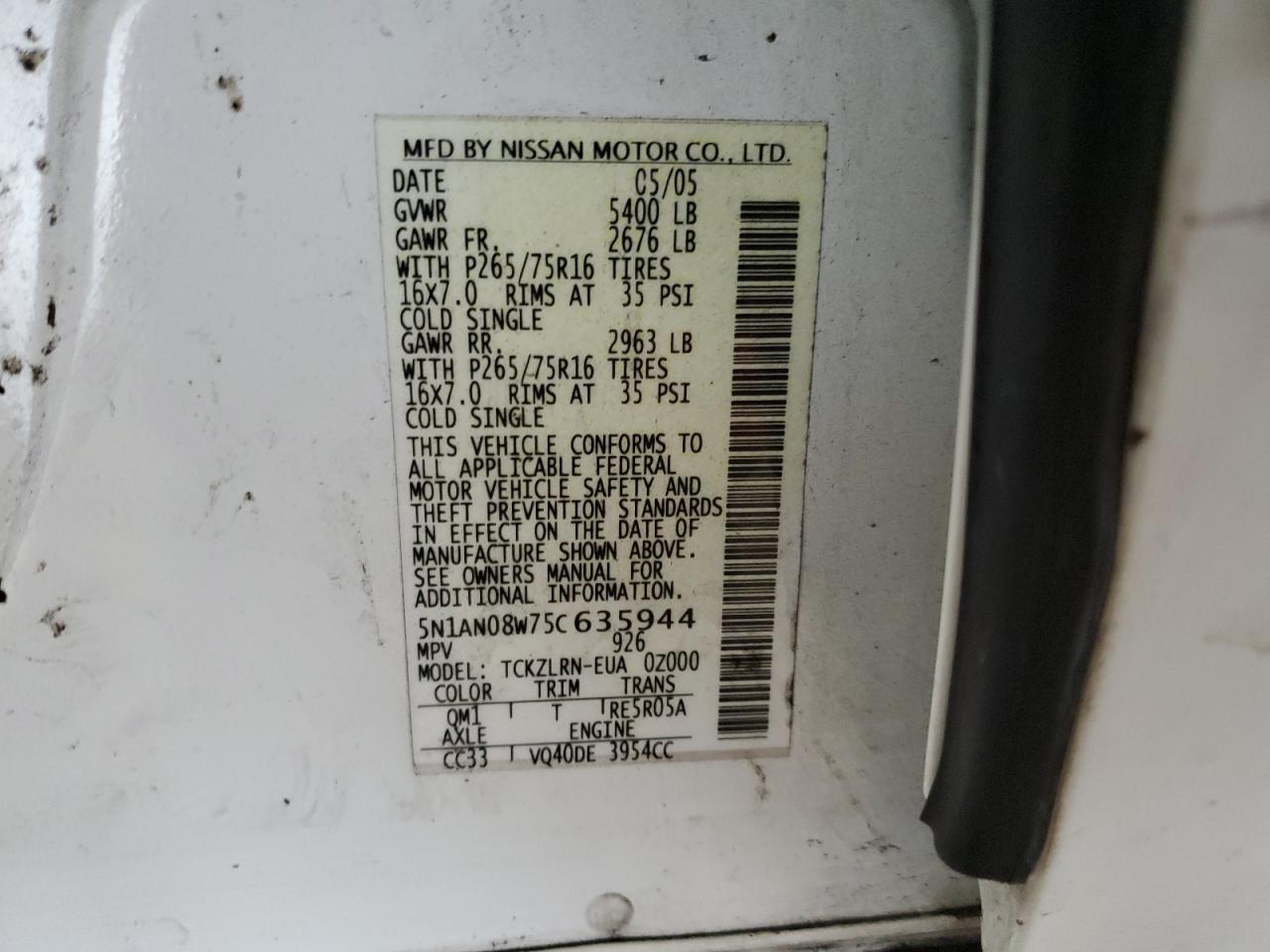 2005 Nissan Xterra Off Road VIN: 5N1AN08W75C635944 Lot: 69887015