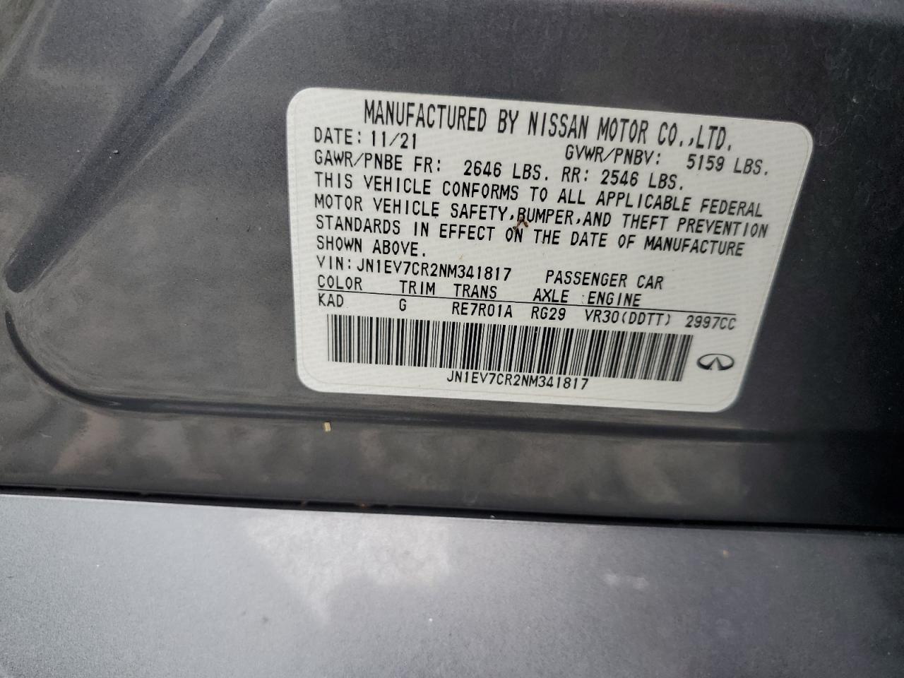 2022 Infiniti Q50 Sensory VIN: JN1EV7CR2NM341817 Lot: 67152565