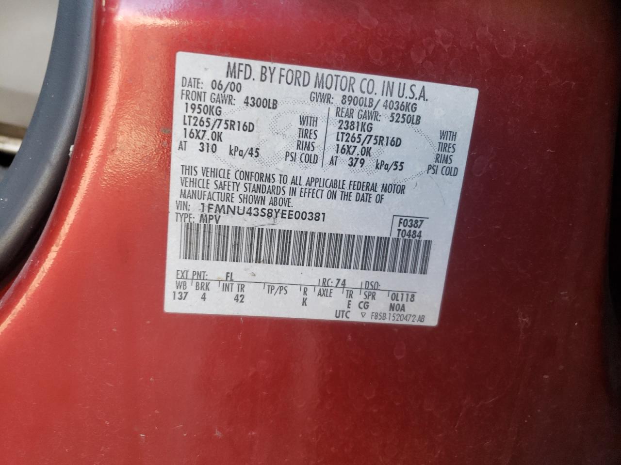 2000 Ford Excursion Limited VIN: 1FMNU43S8YEE00381 Lot: 67125875