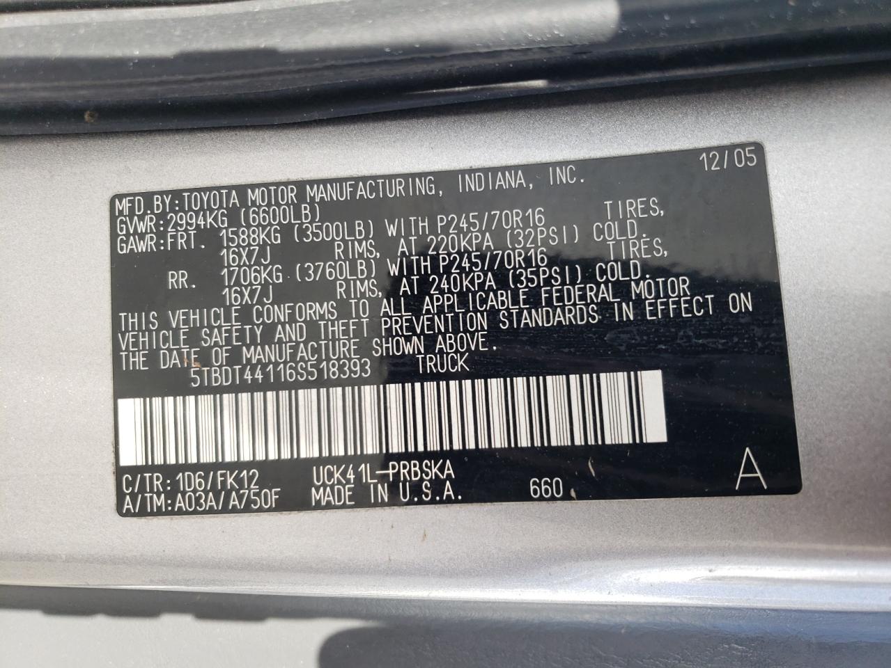 2006 Toyota Tundra Double Cab Sr5 VIN: 5TBDT44116S518393 Lot: 67061095