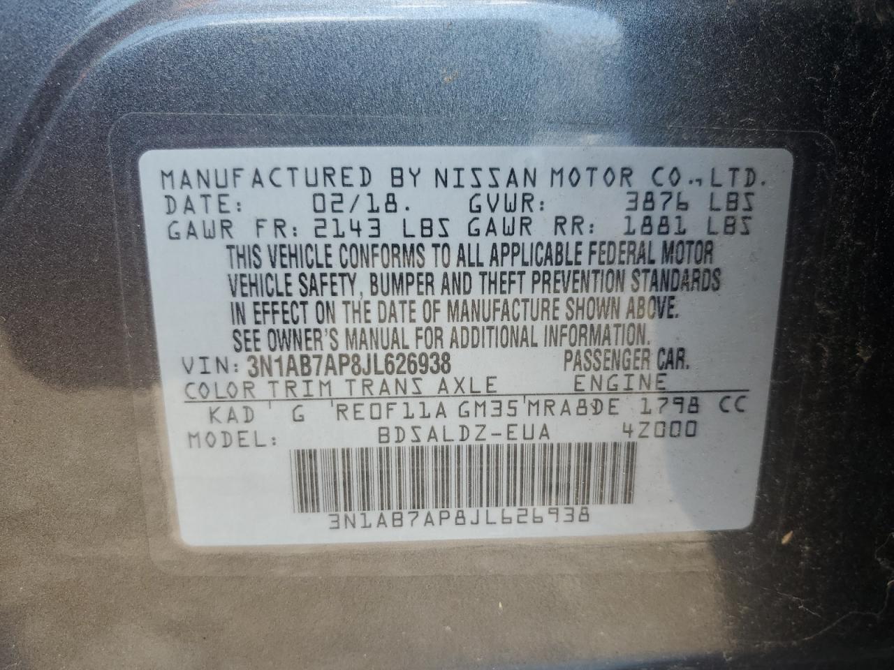 2018 Nissan Sentra S VIN: 3N1AB7AP8JL626938 Lot: 69417275