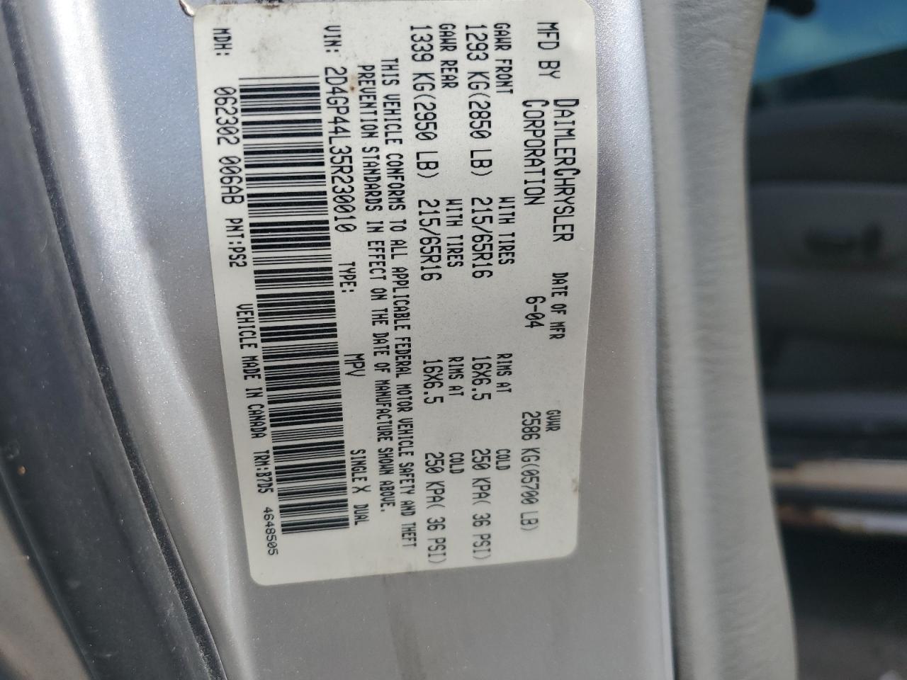 2005 Dodge Grand Caravan Sxt VIN: 2D4GP44L35R230010 Lot: 69147725