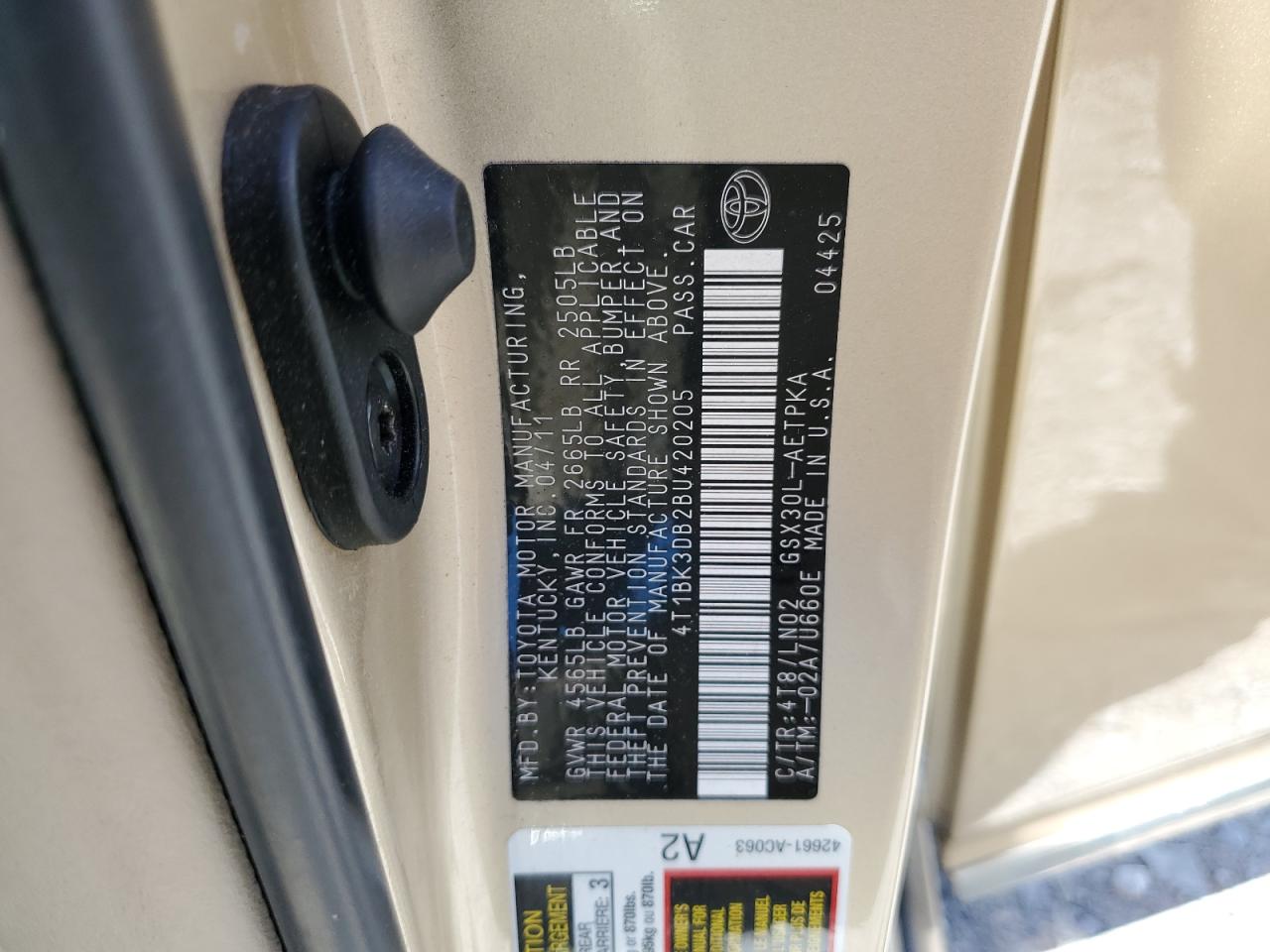 2011 Toyota Avalon Base VIN: 4T1BK3DB2BU420205 Lot: 68294135
