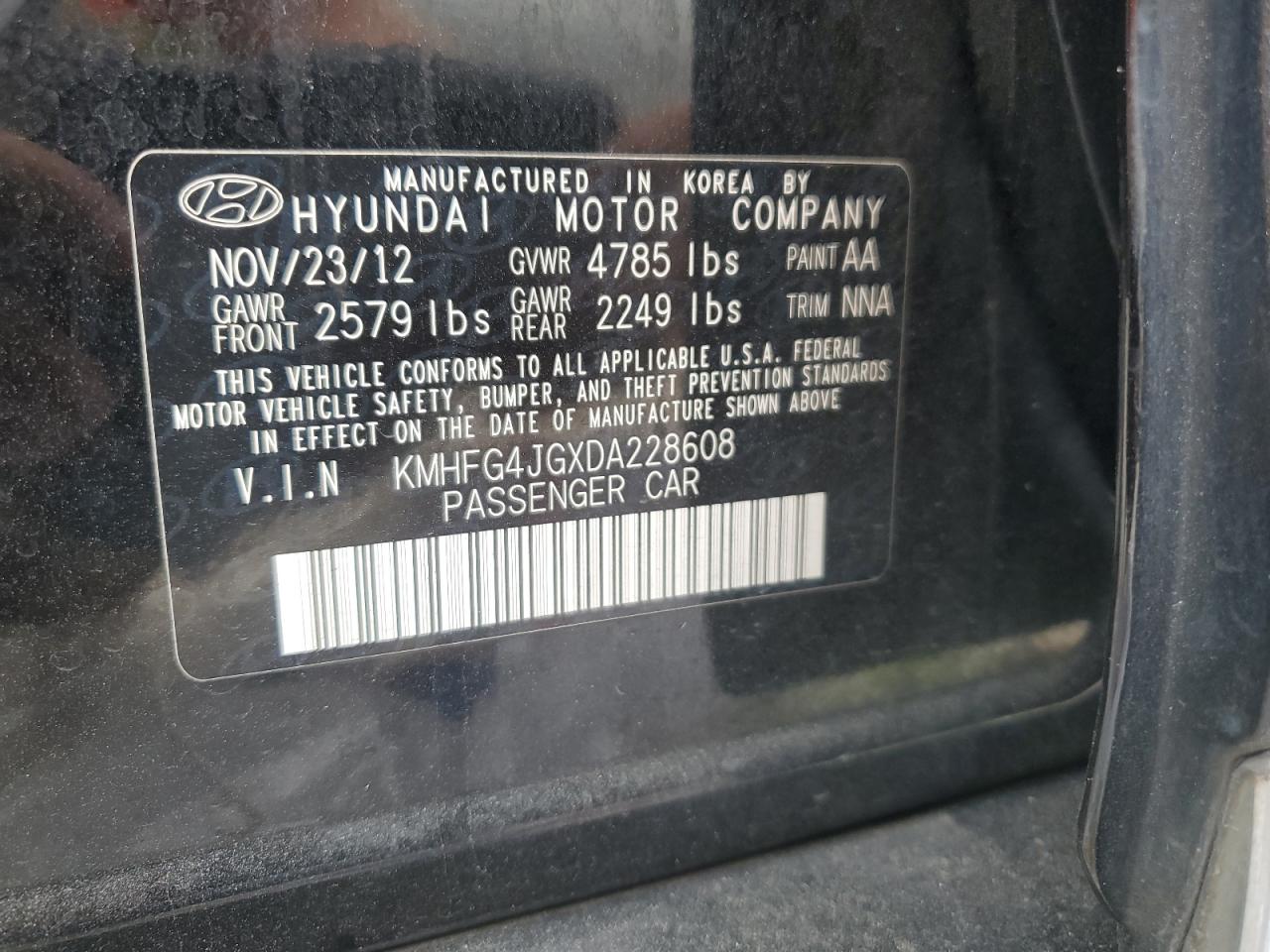 2013 Hyundai Azera VIN: KMHFG4JGXDA228608 Lot: 69691545