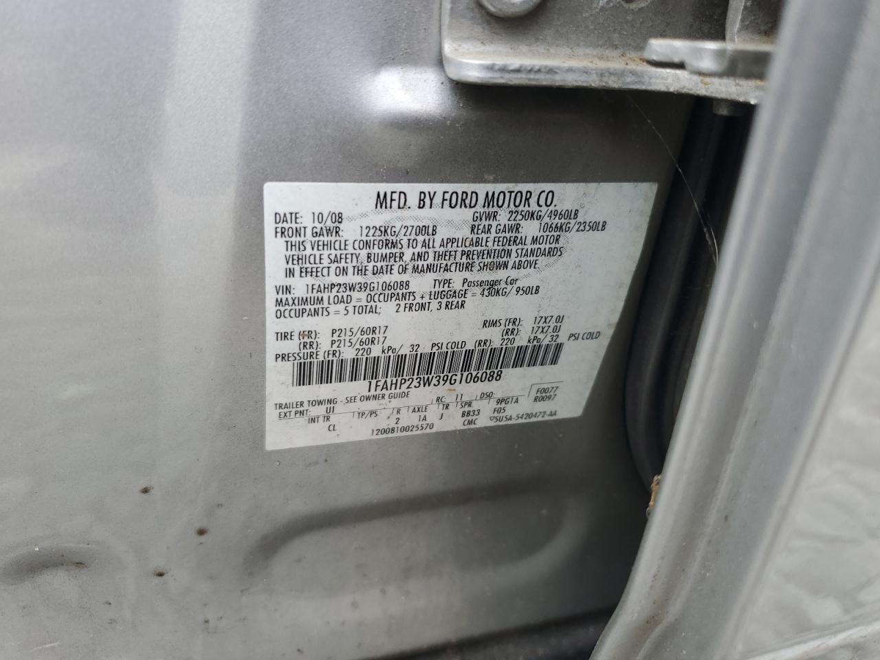 2009 Ford Taurus Se VIN: 1FAHP23W39G106088 Lot: 67732245