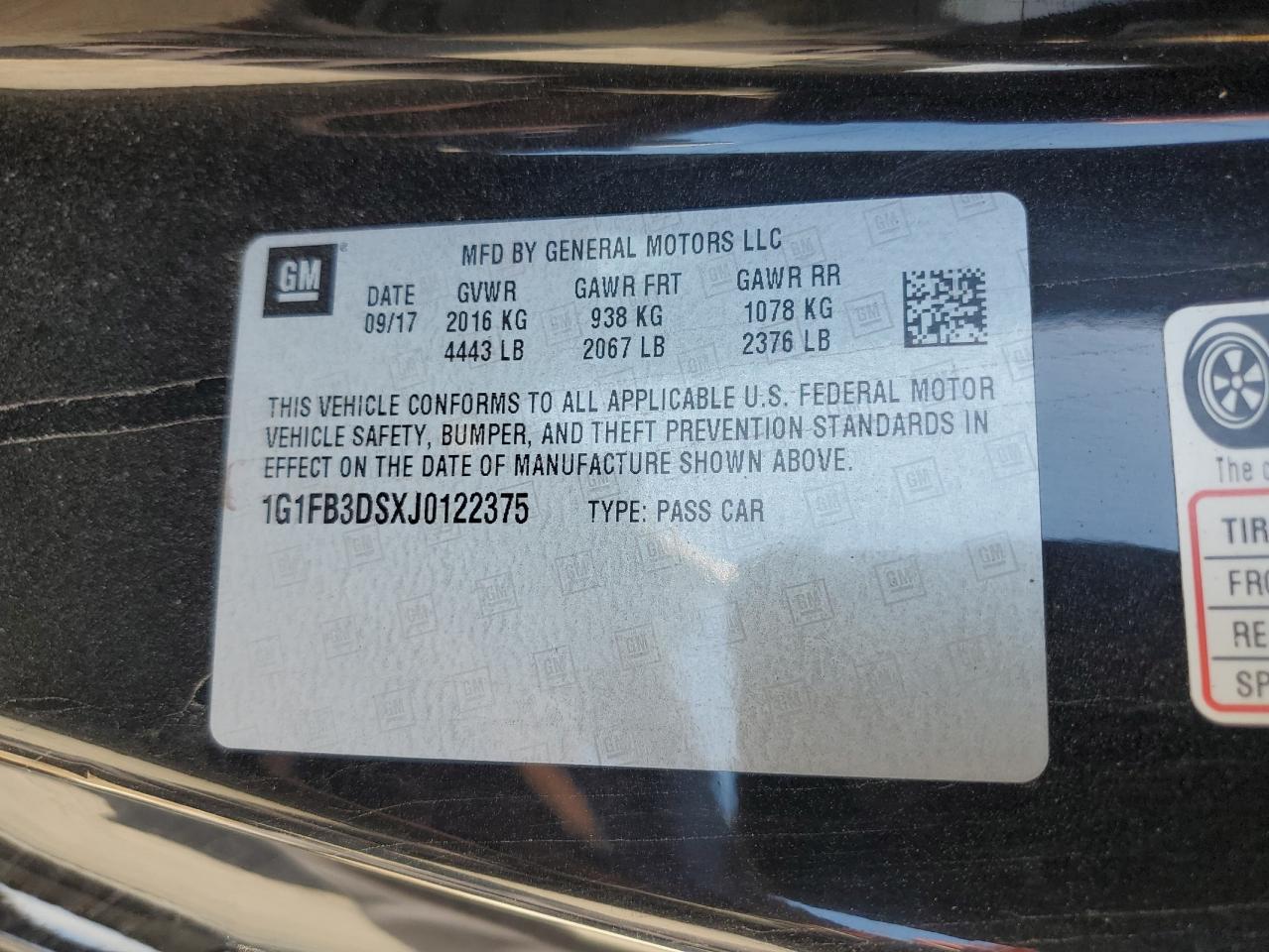 2018 Chevrolet Camaro Lt VIN: 1G1FB3DSXJ0122375 Lot: 70855095