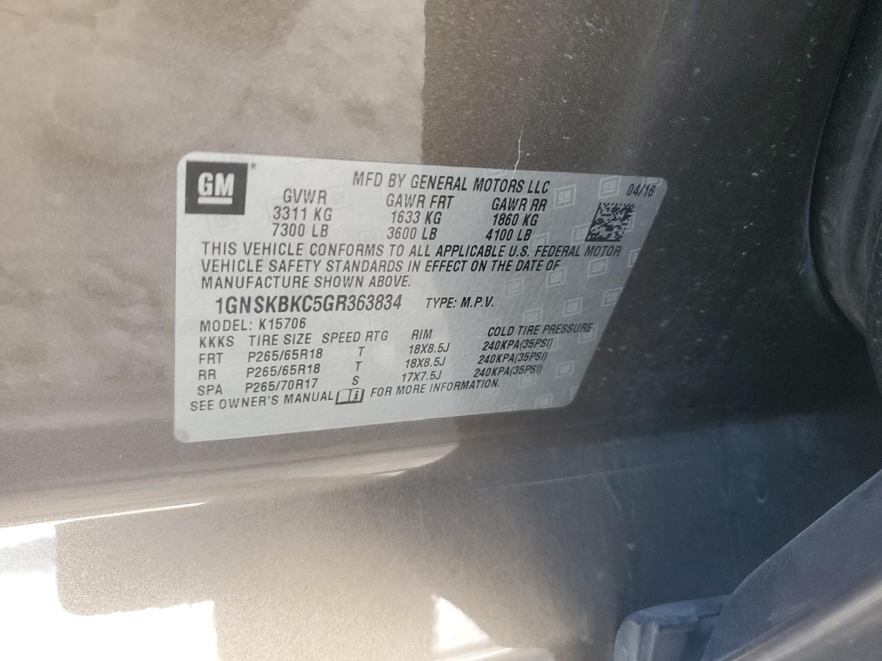 2016 Chevrolet Tahoe K1500 Lt VIN: 1GNSKBKC5GR363834 Lot: 67637405