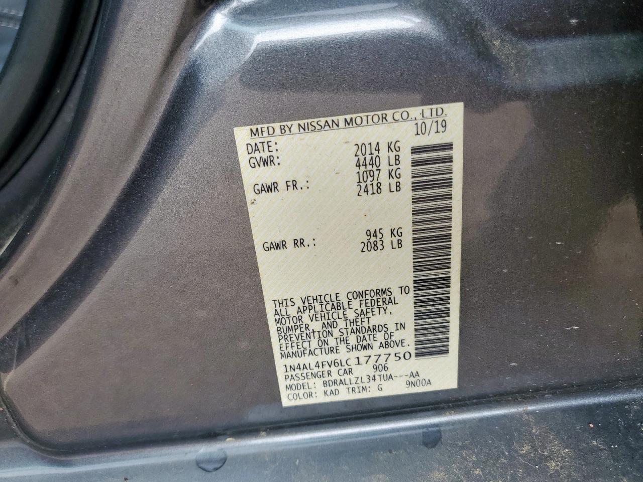 2020 Nissan Altima Platinum VIN: 1N4AL4FV6LC177750 Lot: 69133405
