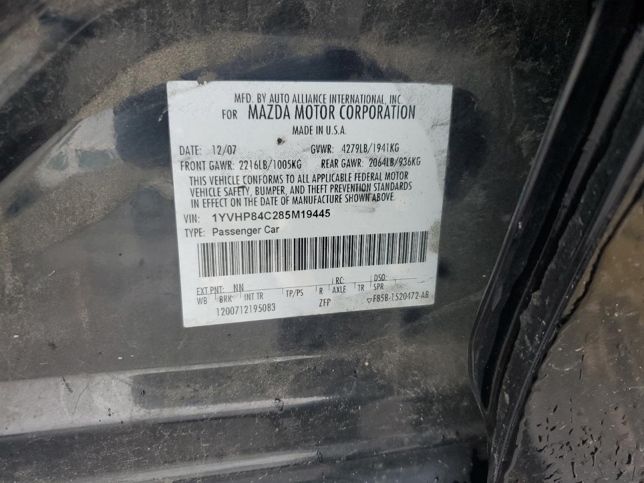 2008 Mazda 6 I VIN: 1YVHP84C285M19445 Lot: 67537225