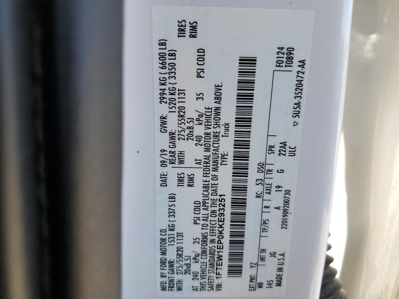 2019 Ford F150 Supercrew VIN: 1FTEW1EP0KKE93251 Lot: 69933215