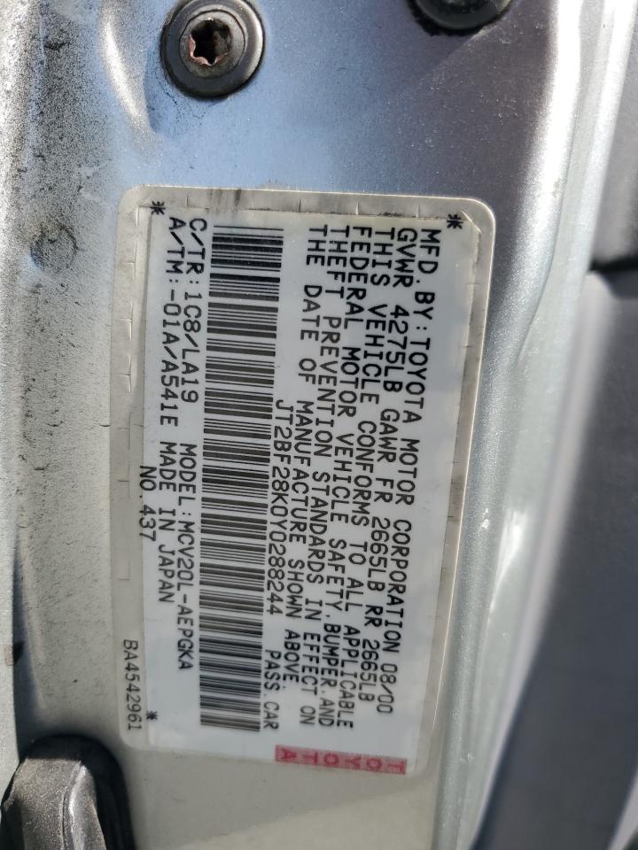 2000 Toyota Camry Le VIN: JT2BF28K0Y0288244 Lot: 69113235