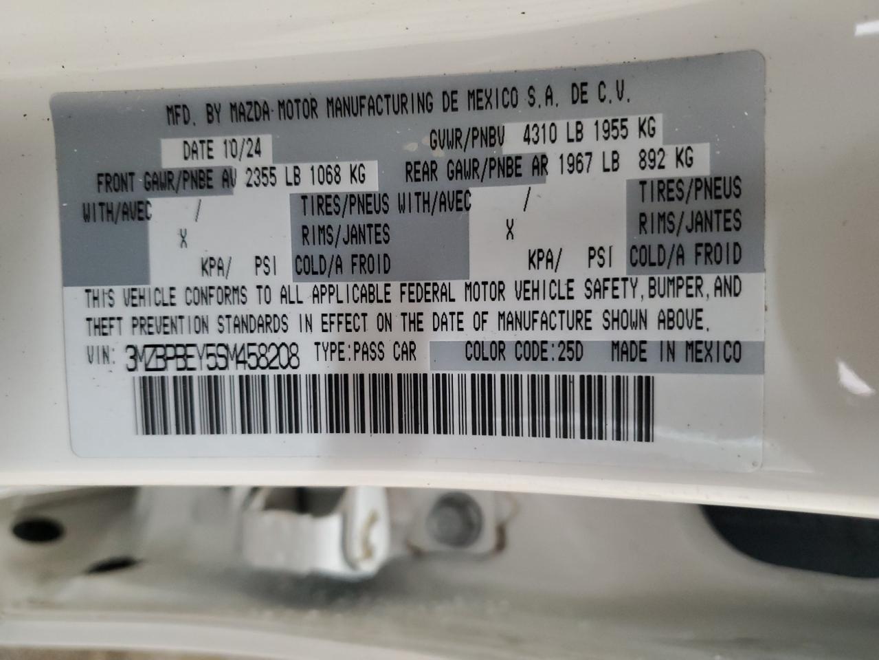 2025 Mazda 3 Premium Plus VIN: 3MZBPBEY5SM458208 Lot: 67434585