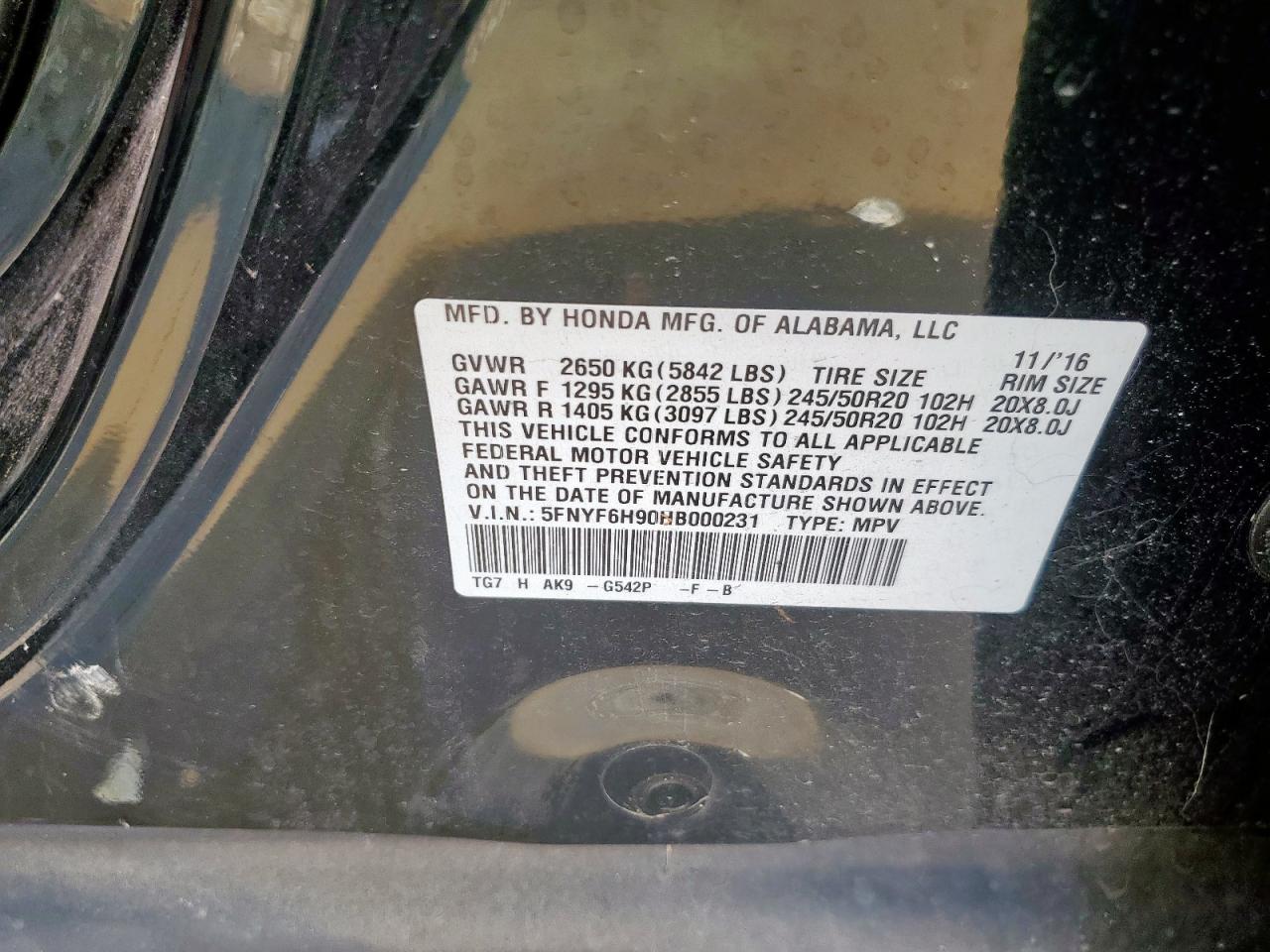 2017 Honda Pilot Touring VIN: 5FNYF6H90HB000231 Lot: 70874615