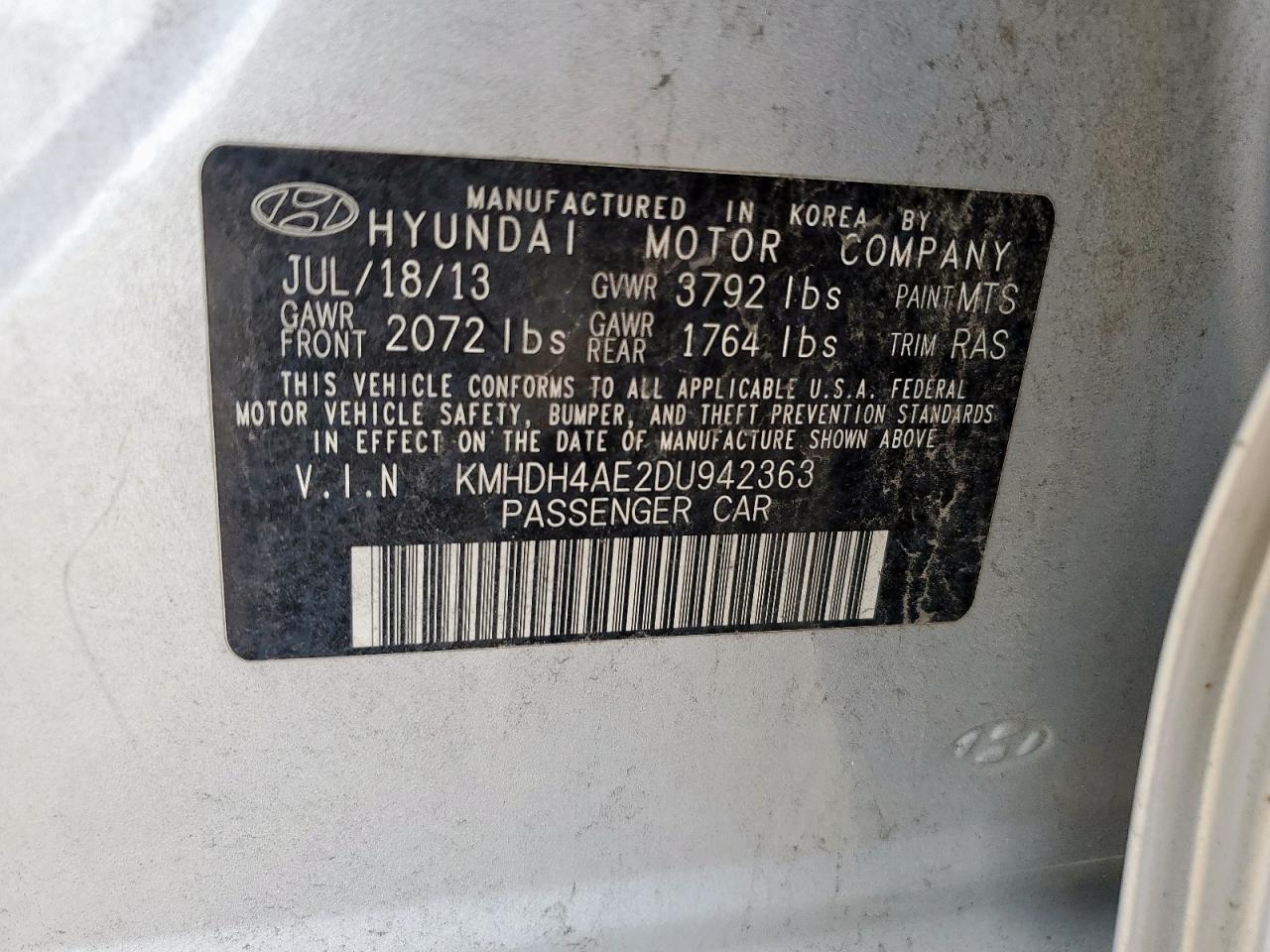 2013 Hyundai Elantra Gls VIN: KMHDH4AE2DU942363 Lot: 69069255