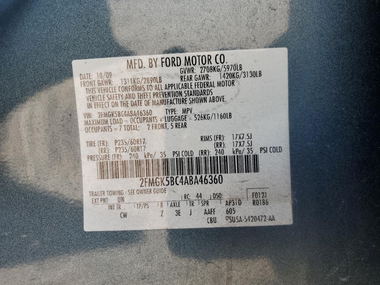 2010 Ford Flex Se VIN: 2FMGK5BC4ABA46360 Lot: 71059175