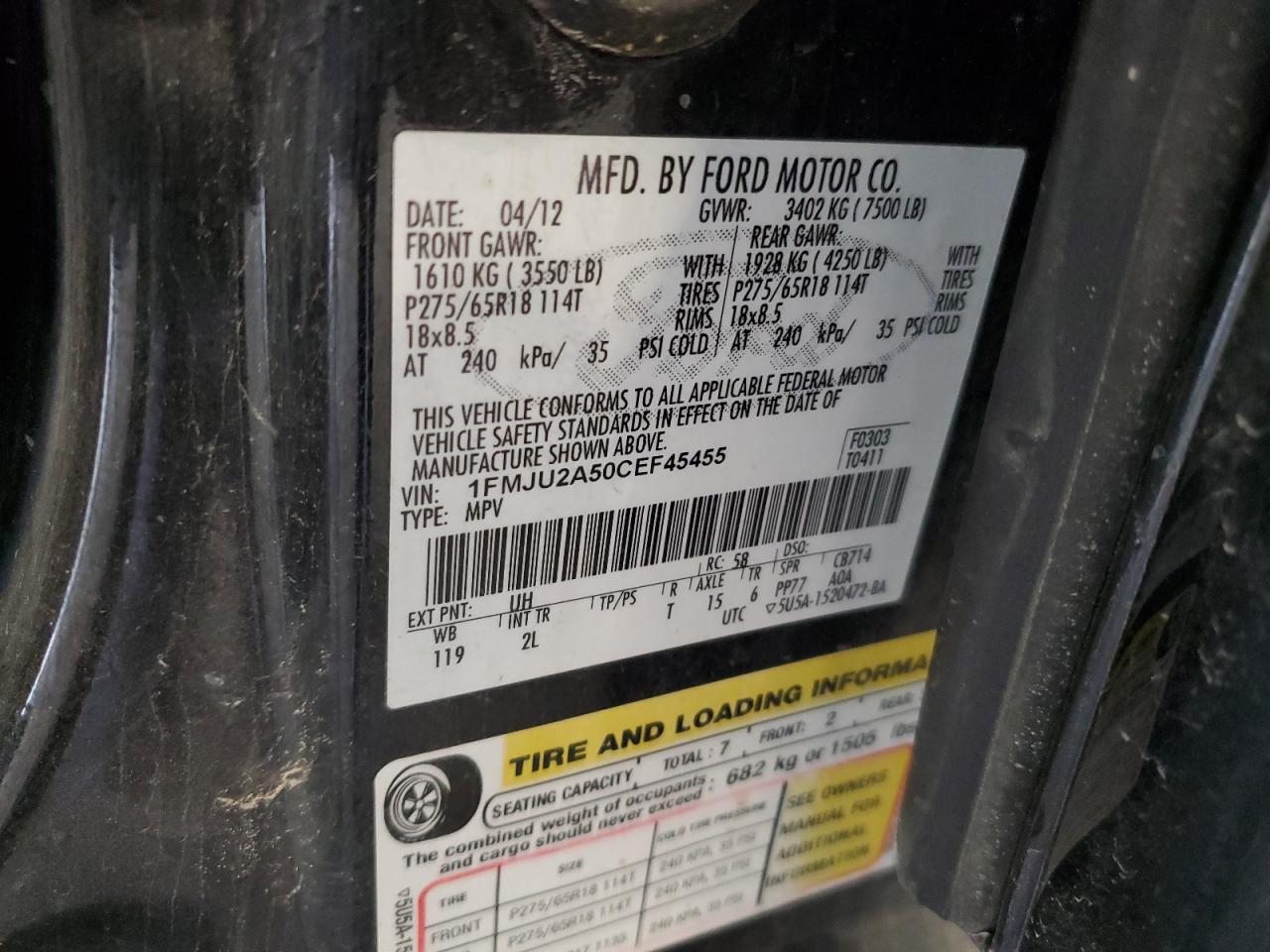 2012 Ford Expedition Limited VIN: 1FMJU2A50CEF45455 Lot: 68343255