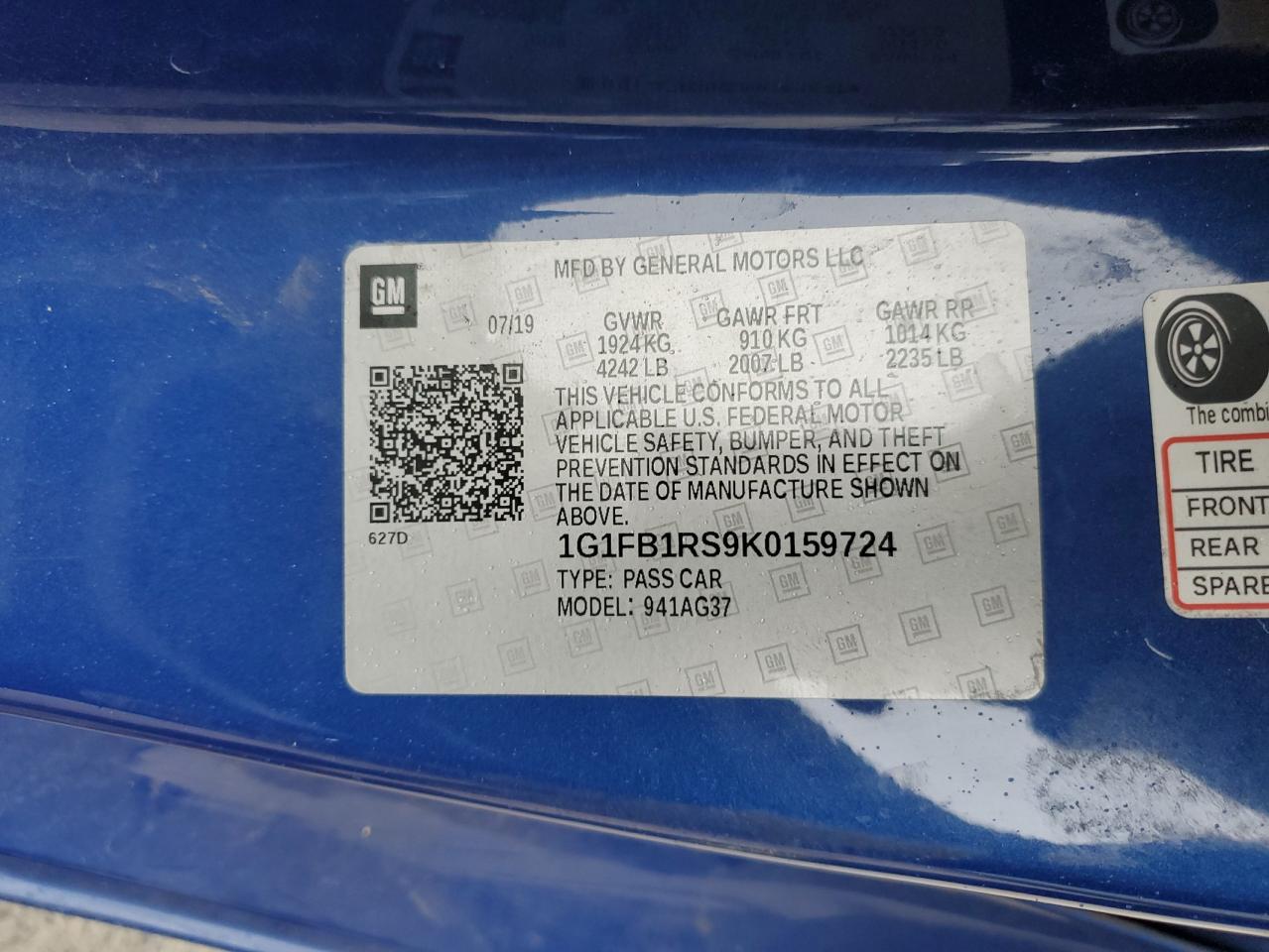 2019 Chevrolet Camaro Ls VIN: 1G1FB1RS9K0159724 Lot: 69276795