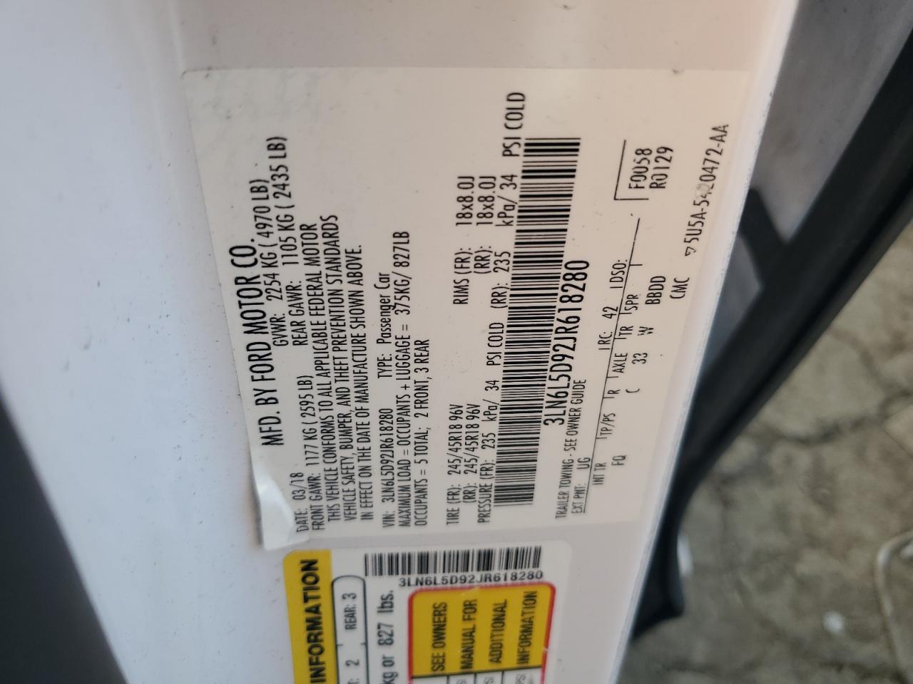 2018 Lincoln Mkz Select VIN: 3LN6L5D92JR618280 Lot: 70452895