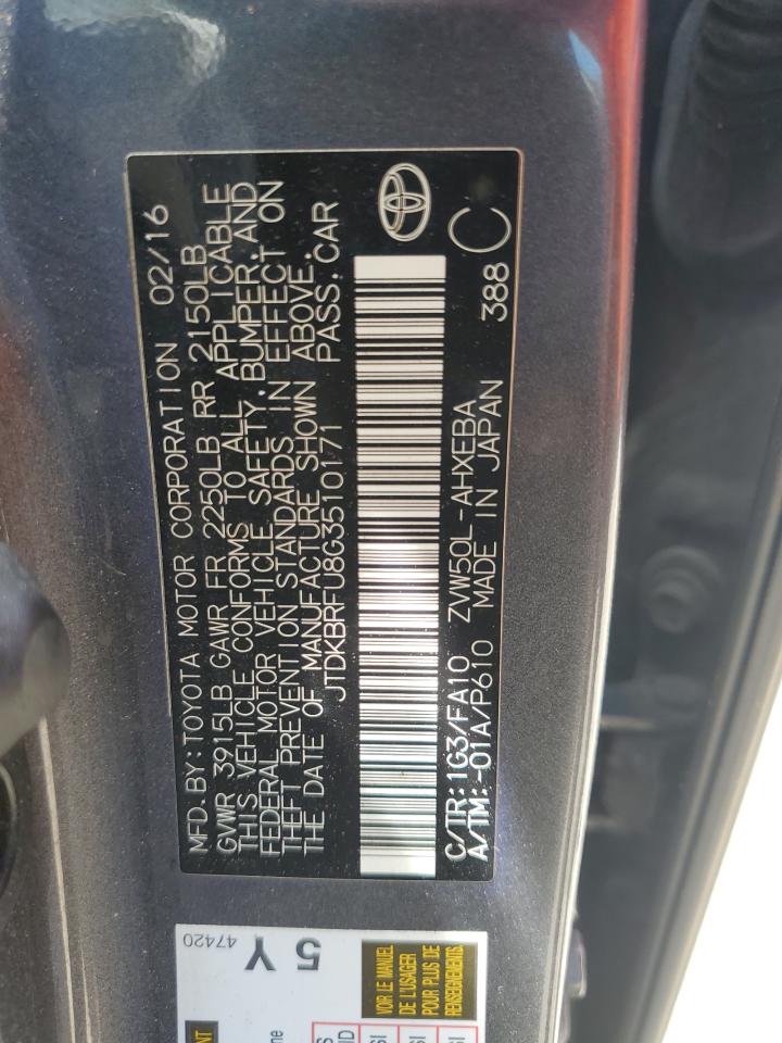 2016 Toyota Prius VIN: JTDKBRFU8G3510171 Lot: 69547155