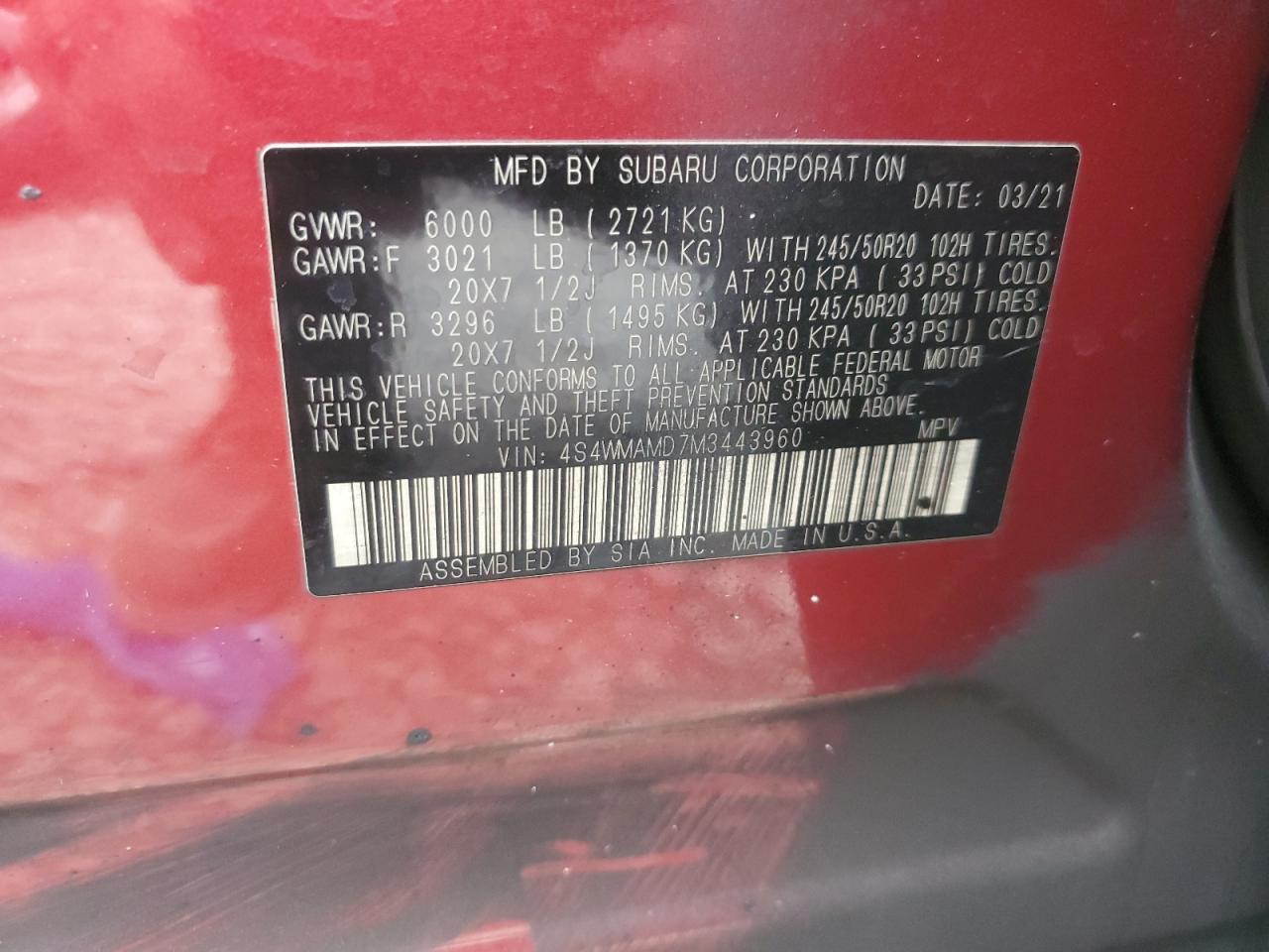 2021 Subaru Ascent Limited VIN: 4S4WMAMD7M3443960 Lot: 70371485