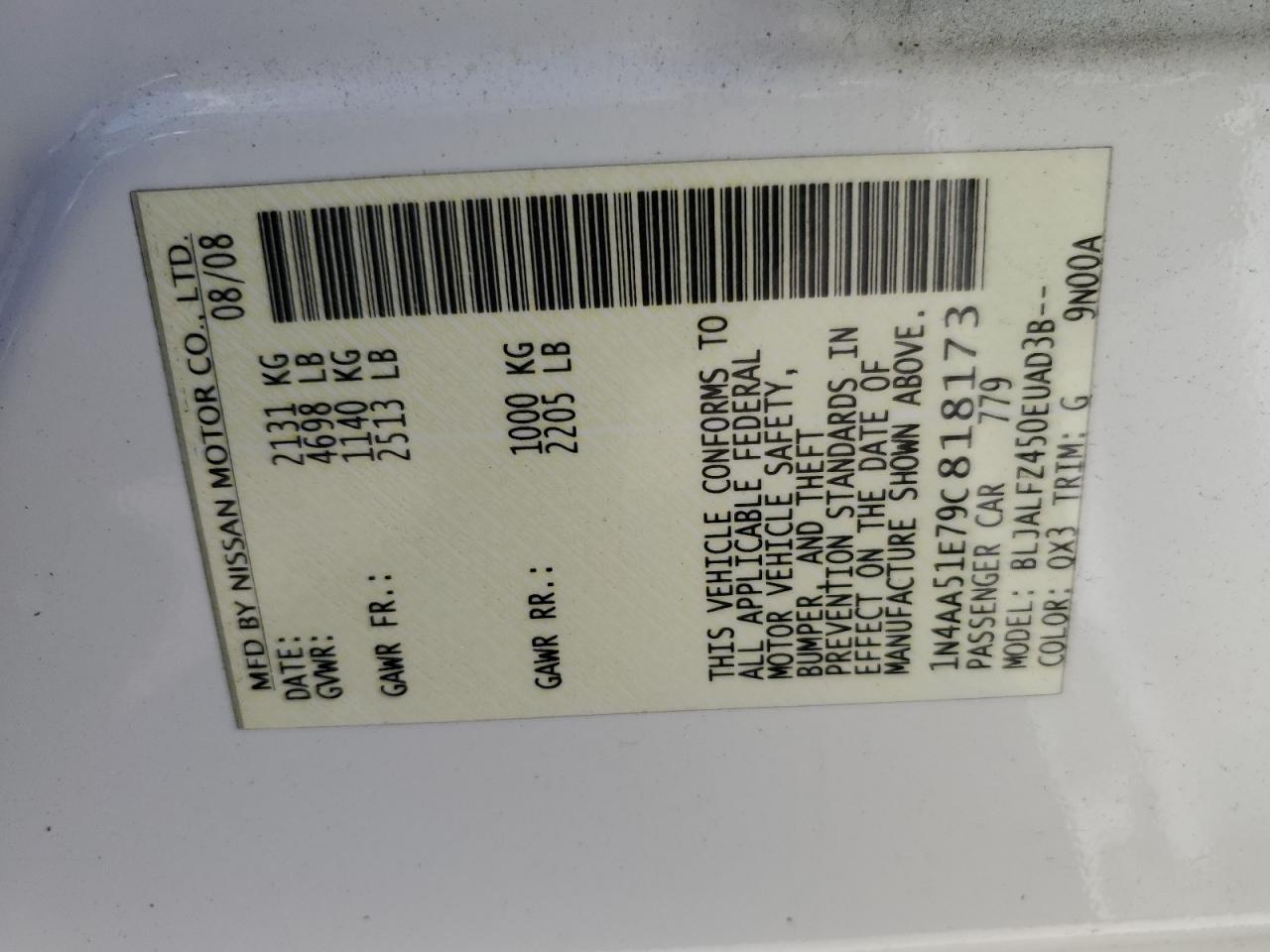 2009 Nissan Maxima S VIN: 1N4AA51E79C818173 Lot: 70882735