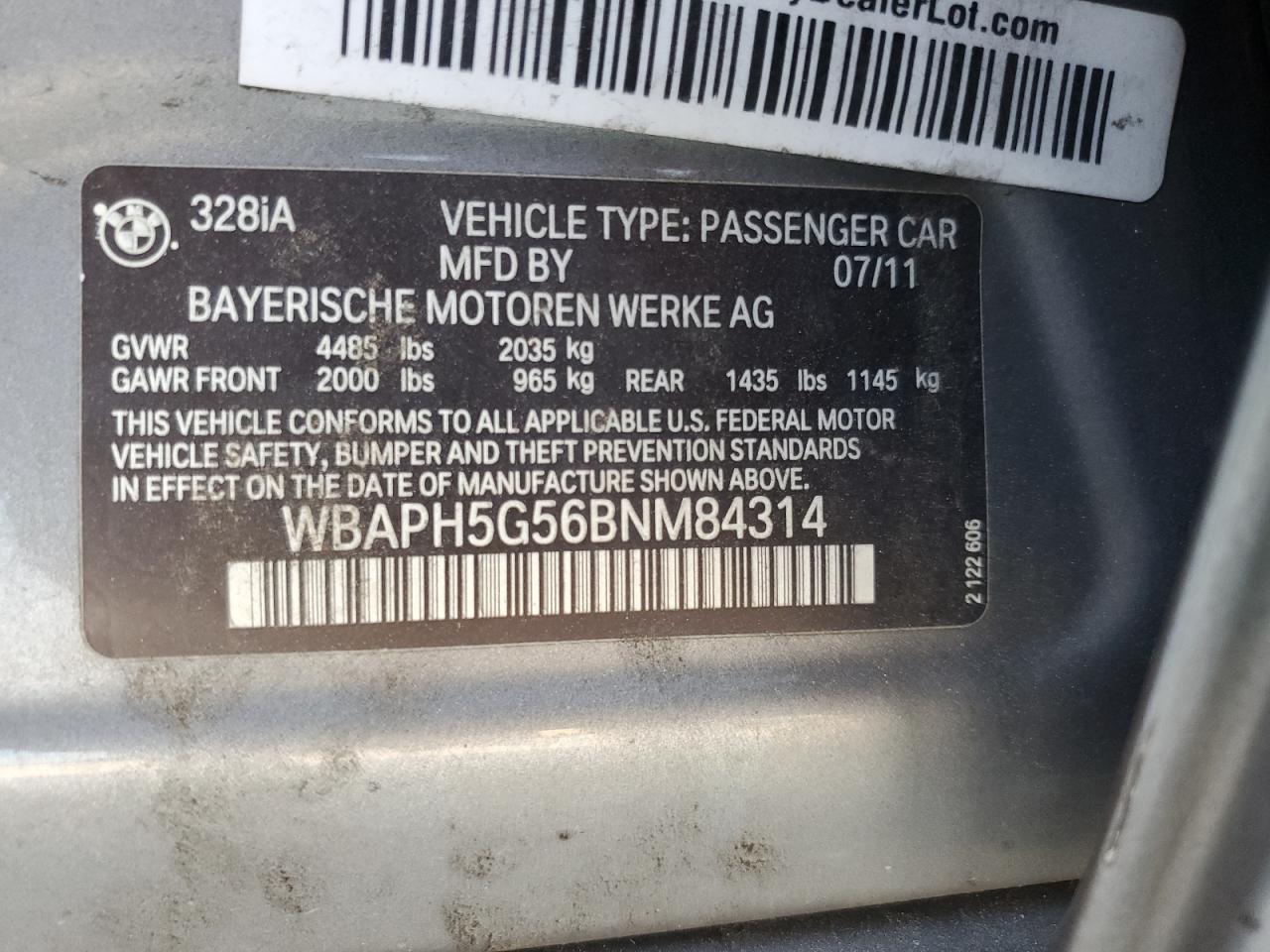 2011 BMW 328 I Sulev VIN: WBAPH5G56BNM84314 Lot: 68088255