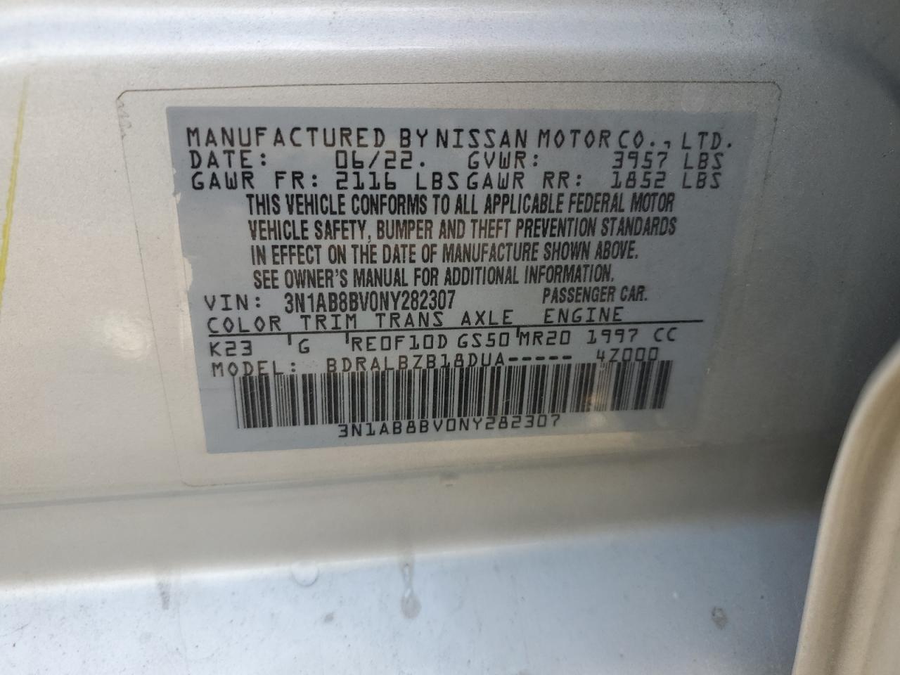 2022 Nissan Sentra S VIN: 3N1AB8BV0NY282307 Lot: 69396885