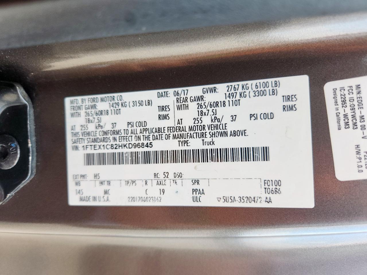 2017 Ford F150 Super Cab VIN: 1FTEX1C82HKD96845 Lot: 70045325