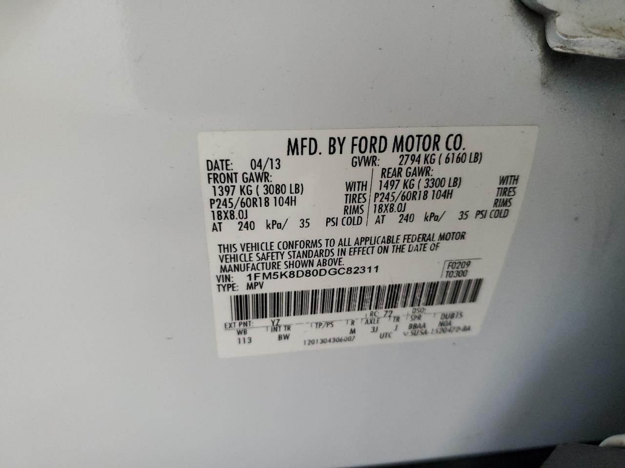 2013 Ford Explorer Xlt VIN: 1FM5K8D80DGC82311 Lot: 70439845