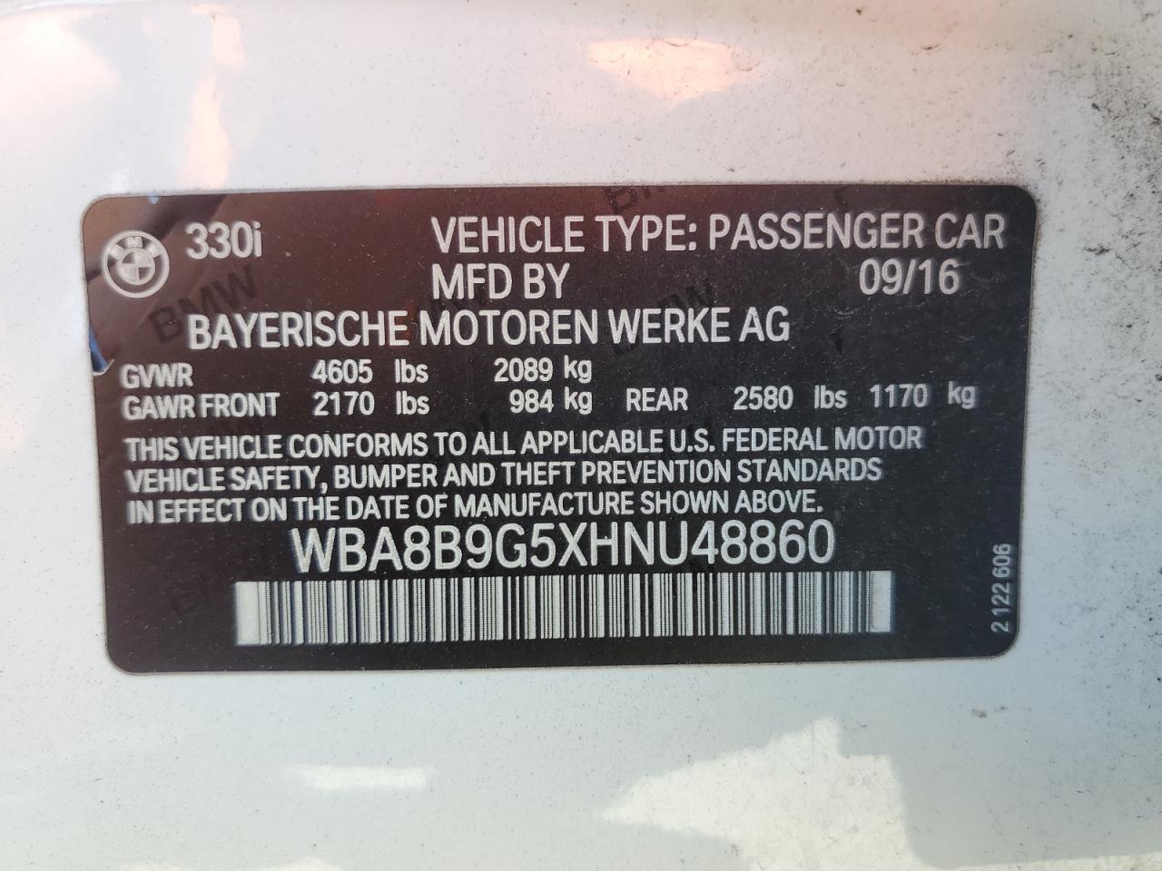 2017 BMW 330 I VIN: WBA8B9G5XHNU48860 Lot: 67816665